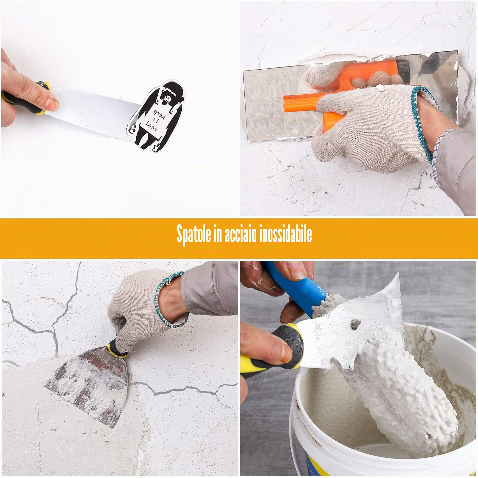 Set di Spatole in Acciaio Inossidabile per Stucco, Frattazzo per stucco,Spatola Stucco,Cazzuola Muratore，Spatola Multiuso and Vaschetta Portaintonaco(Confezione da 8)