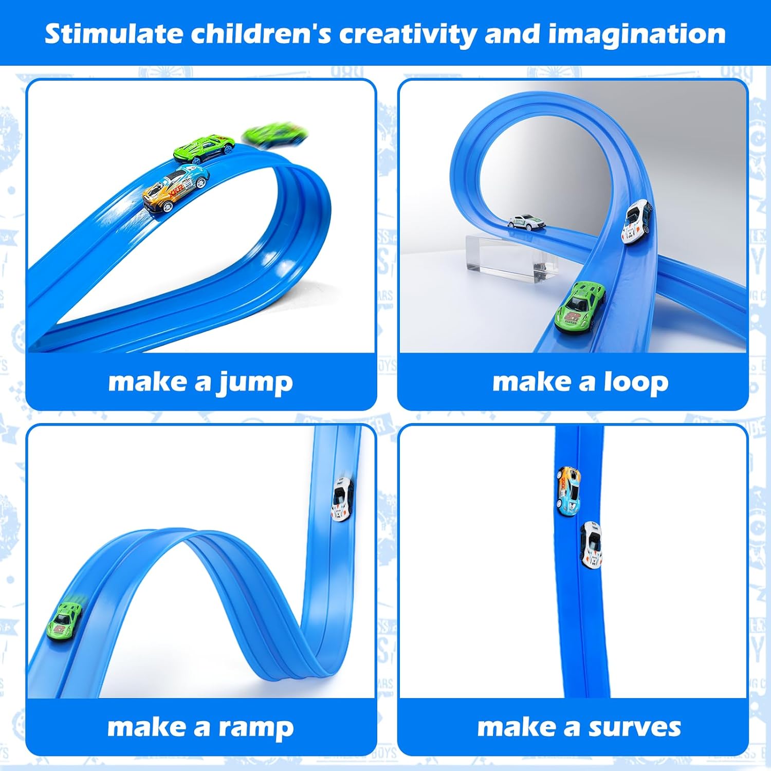 Flexible Race Track for Kids, Car Track Set for Hot Wheels Cars with Adhesive Pads, 2 Pull-Back Cars, 2 Alloy Racers & Bendable Car Ramp for Toddlers, Easy Storage, Indoor Car Ramp Fun for Ages 3–8