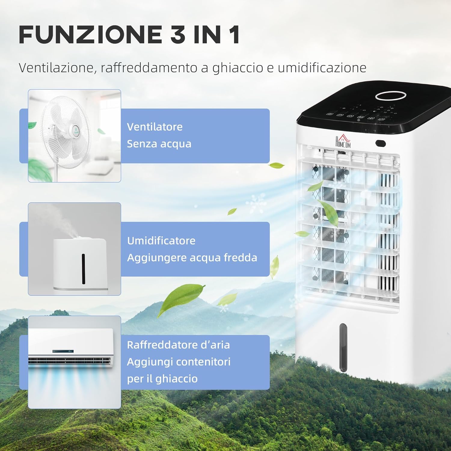 Condizionatore Portatile 3 in 1, Ventilatore, Umidificatore con Ghiaccio e Deumidificatore, 3 Velocità, 3 Modalità e Telecomando, con 6 pezzi di ghiaccio, 65W in ABS, 24x28x56 cm,Bianco