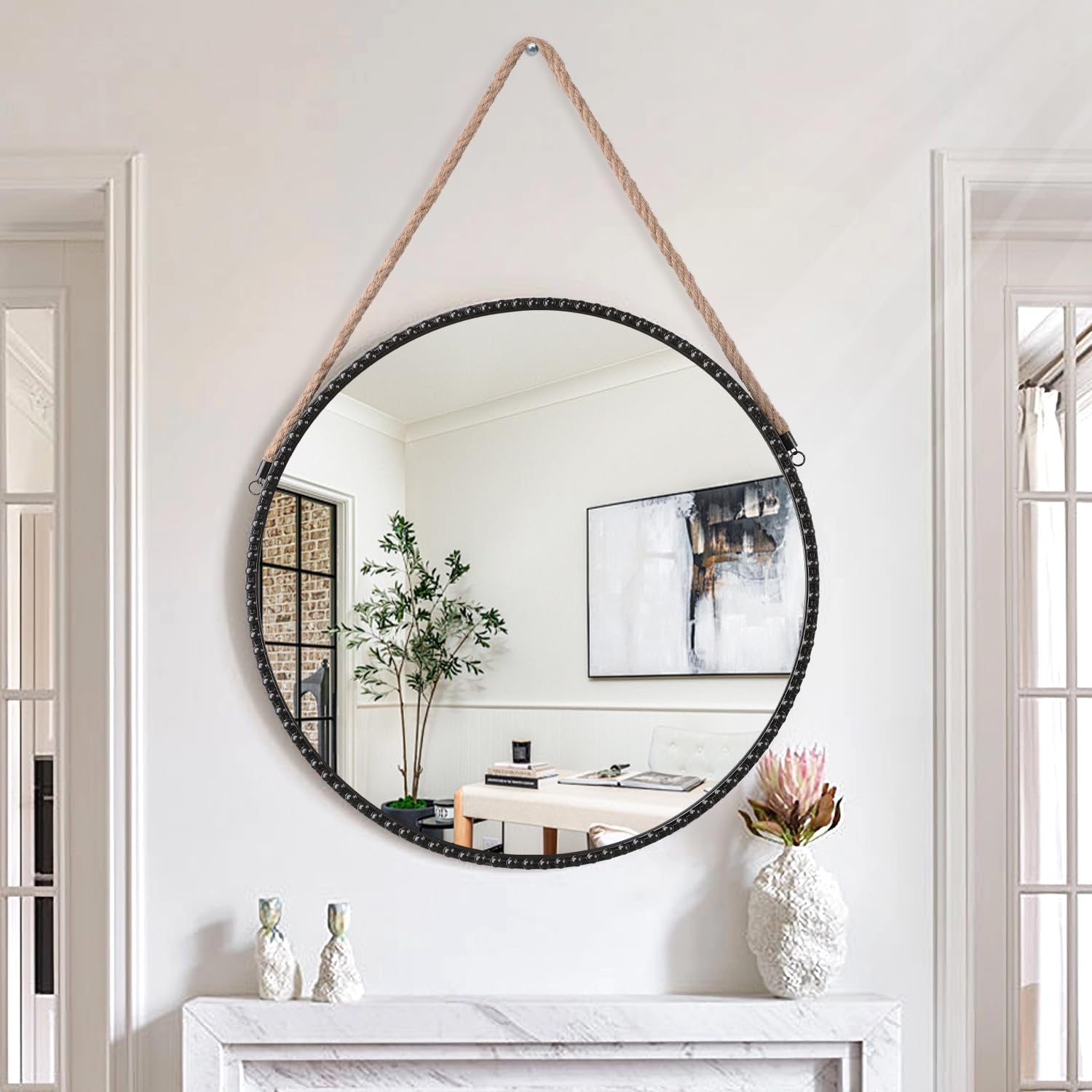 Lzuso Round Mirror Hanging Wall Mirrors with Strap Artistic Circle Metal Frame with Bead for Bedroom and Bathroom Vanity Entryway Farmhouse Modern Decor Black 50x50cm