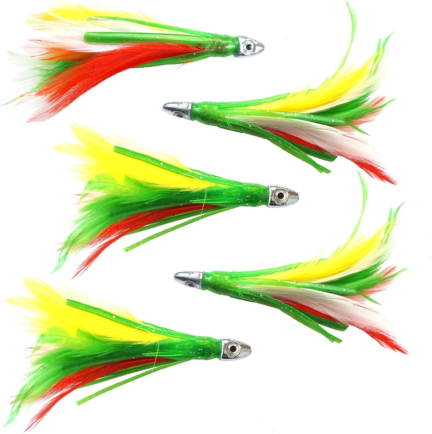 5pcs Fish WOW!® 4" mini Feather 1/2oz Bullet Chrome Head Trolling Tuna Lure Squid Skirts - Mexican Flag