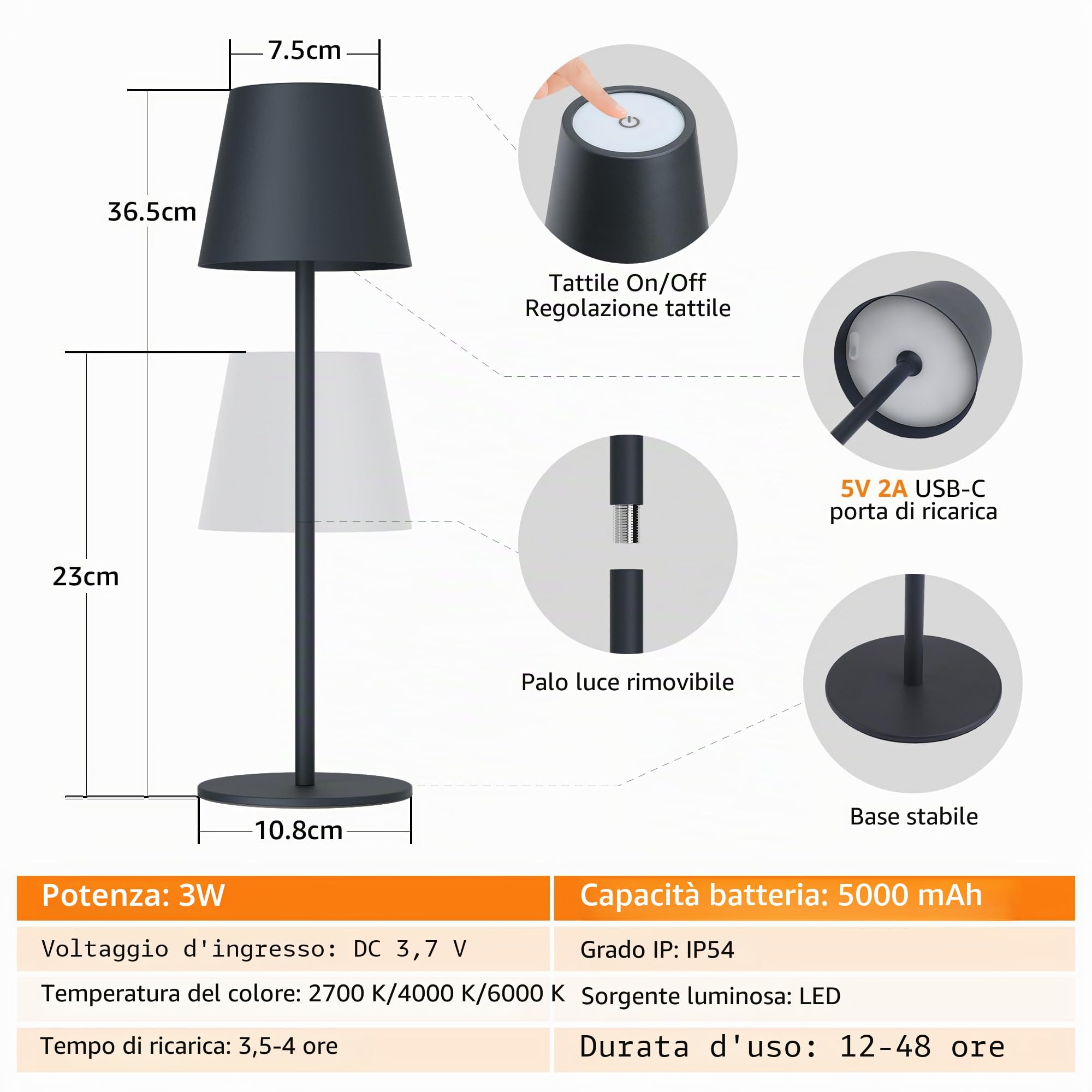 Aipsun Lampada da tavolo LED senza fili con touch Antracite 23/36,5cm, ricaricabile 5000mAh (5V 2A), 3W 2700/4000/6000K dimmerabile, Ferro, IP44 Interno/Esterno per camera da letto, ufficio (2 pezzi)