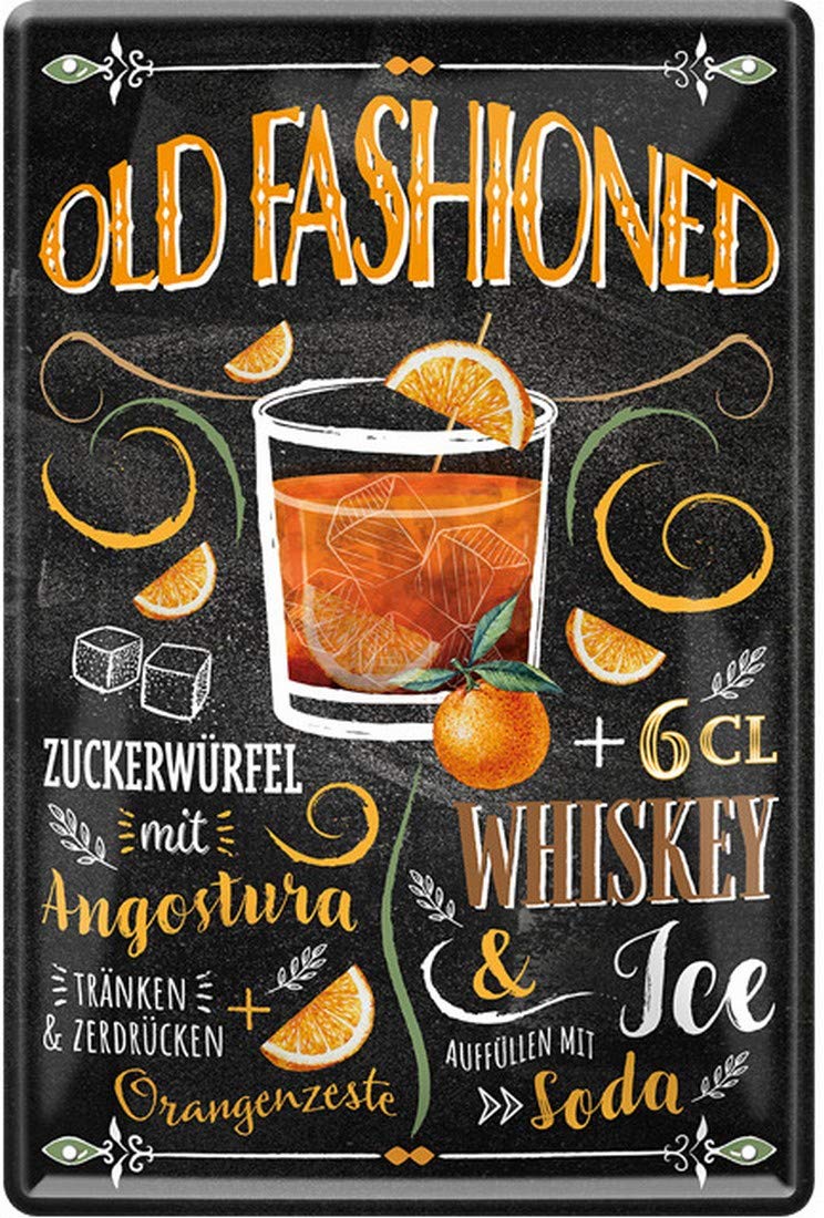 Old Fashioned Cocktail Recipe Whisky Angostura Orange Zest Soda 20 x 30 cm Bar Party Cellar Decorative Tin Sign 1838