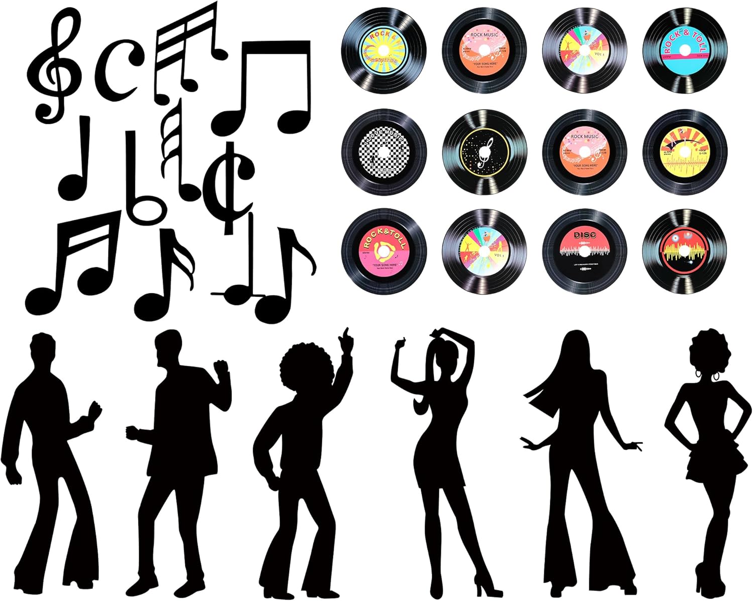 Motiskyy 54 Pcs Disco Party Decorations 35.43 Inches Disco Dance Silhouettes Cutout Records Music Note Wall Decal Self Adhesive Rock and Roll Classroom Decor for 50s 70s 80s Theme Music Party Supplies