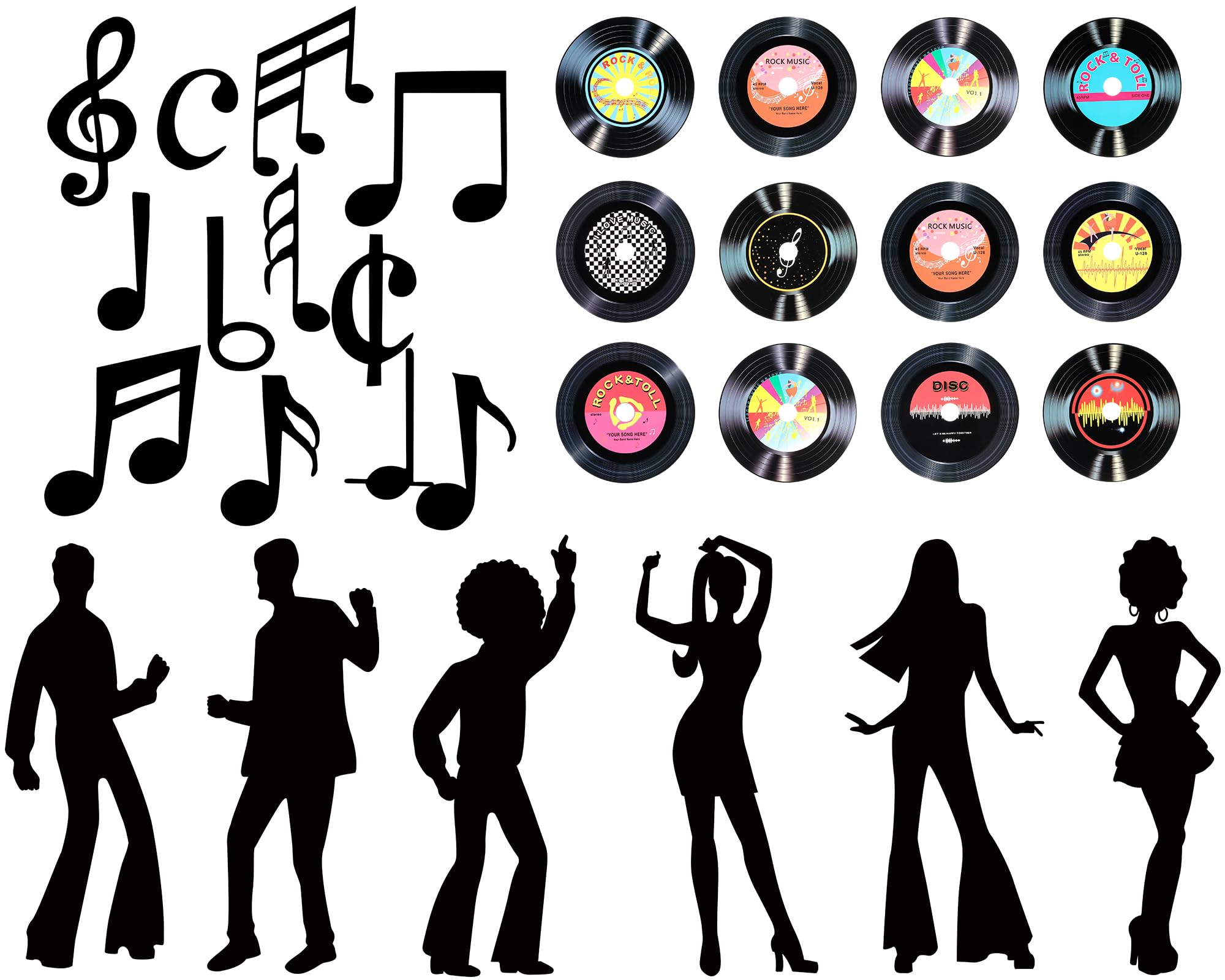 Motiskyy 54 Pcs Disco Party Decorations 35.43 Inches Disco Dance Silhouettes Cutout Records Music Note Wall Decal Self Adhesive Rock and Roll Classroom Decor for 50s 70s 80s Theme Music Party Supplies