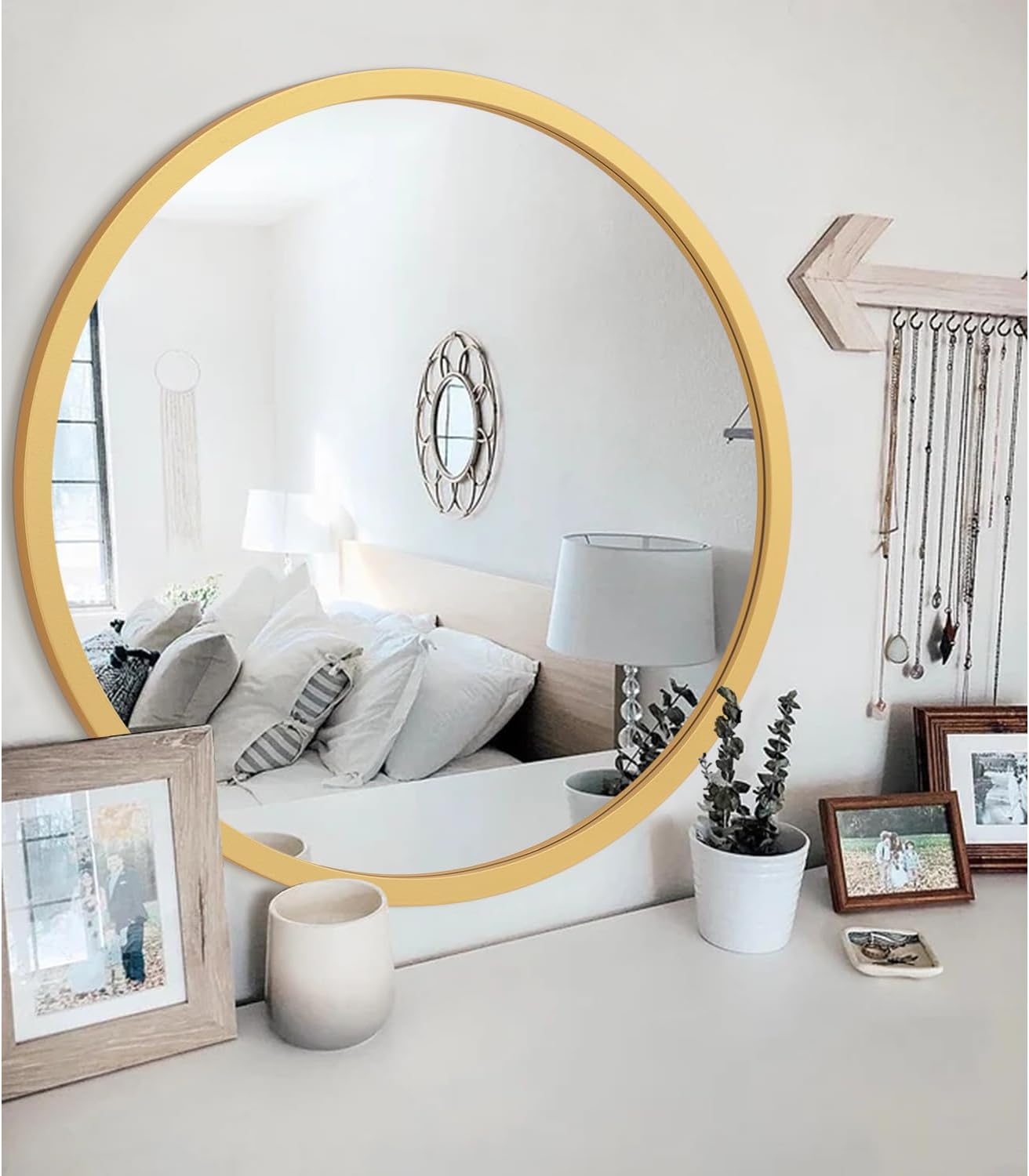 JJUUYOU Wall Mirror 20 Inch Round Wall Mirror for Bathroom Antique Circular Mirrors Washroom Wall Decor Wood Frame Mirrors for Living Room Bedroom Dorm Decorative
