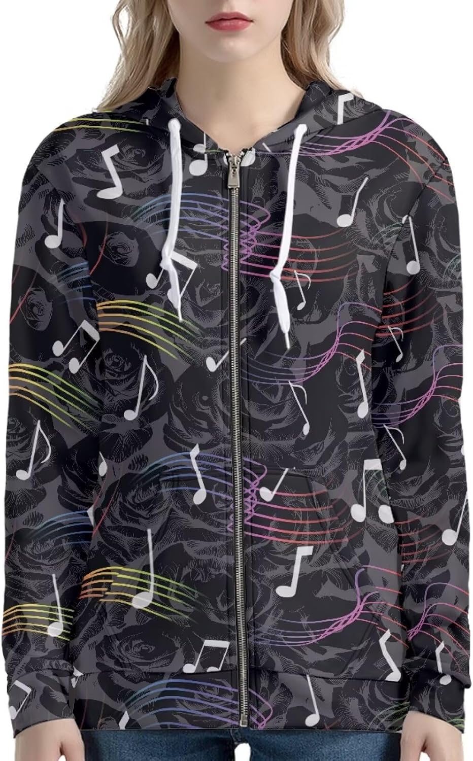 Amzbeauty Graphic Print Zip Up Hoodies For Women Trendy Spring Fall Long Sleeve Drawstring Hooded Coat