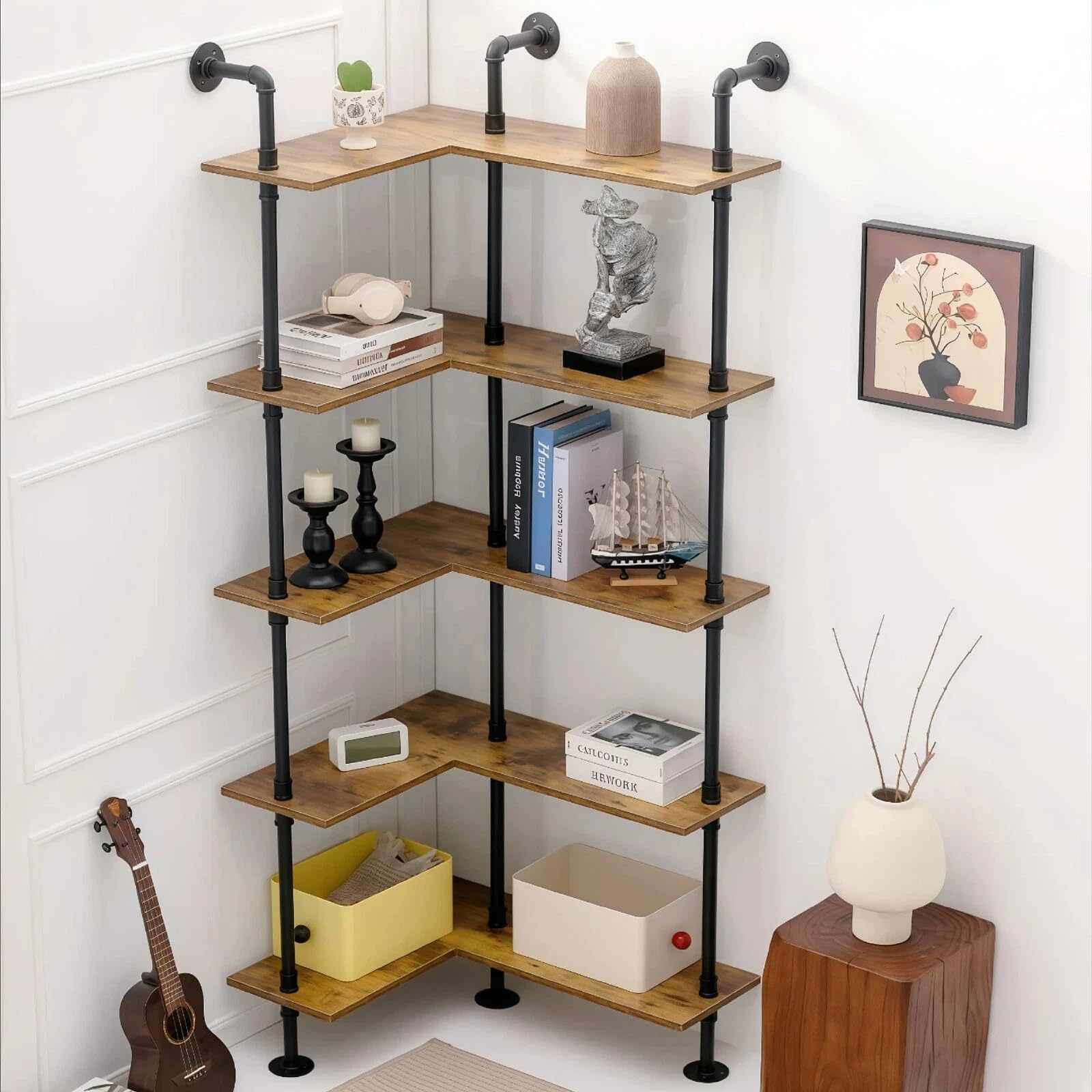 Industrial Pipe Corner Bookshelf, Wall Wooden Bookcase with Open Shelves, L Shaped Ladder Pipe Pantry Shelving for Living Room, Bedroom, Home, Office, 5 Tiers
