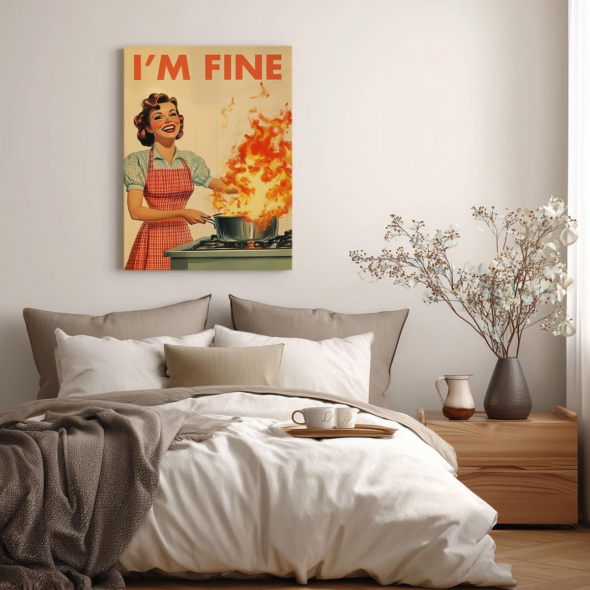 Funny Retro Kitchen Wall Art – “I’M FINE” Vintage Humor Poster – Mid Century Housewife Fire Cooking Print – Quirky Wall Decor for Home, Café, Office 12x16inch-Unframed - Image 5