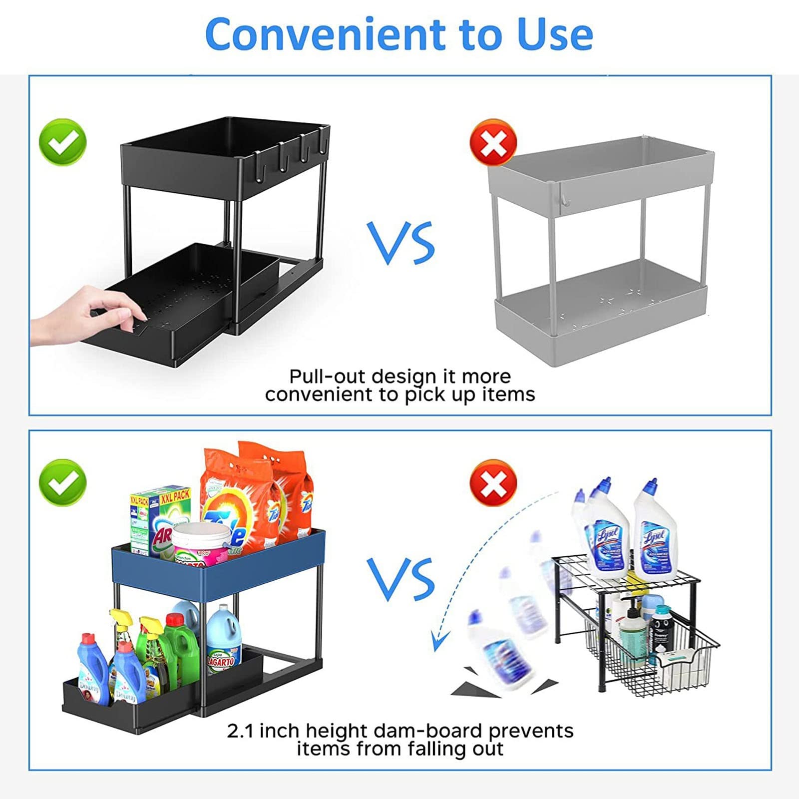 Organizador debajo del fregadero de 2 niveles con cajón de almacenamiento deslizante, organizador delgado multiusos para cocina, baño, cesta inferior deslizante, con 4 ganchos debajo del fregadero (