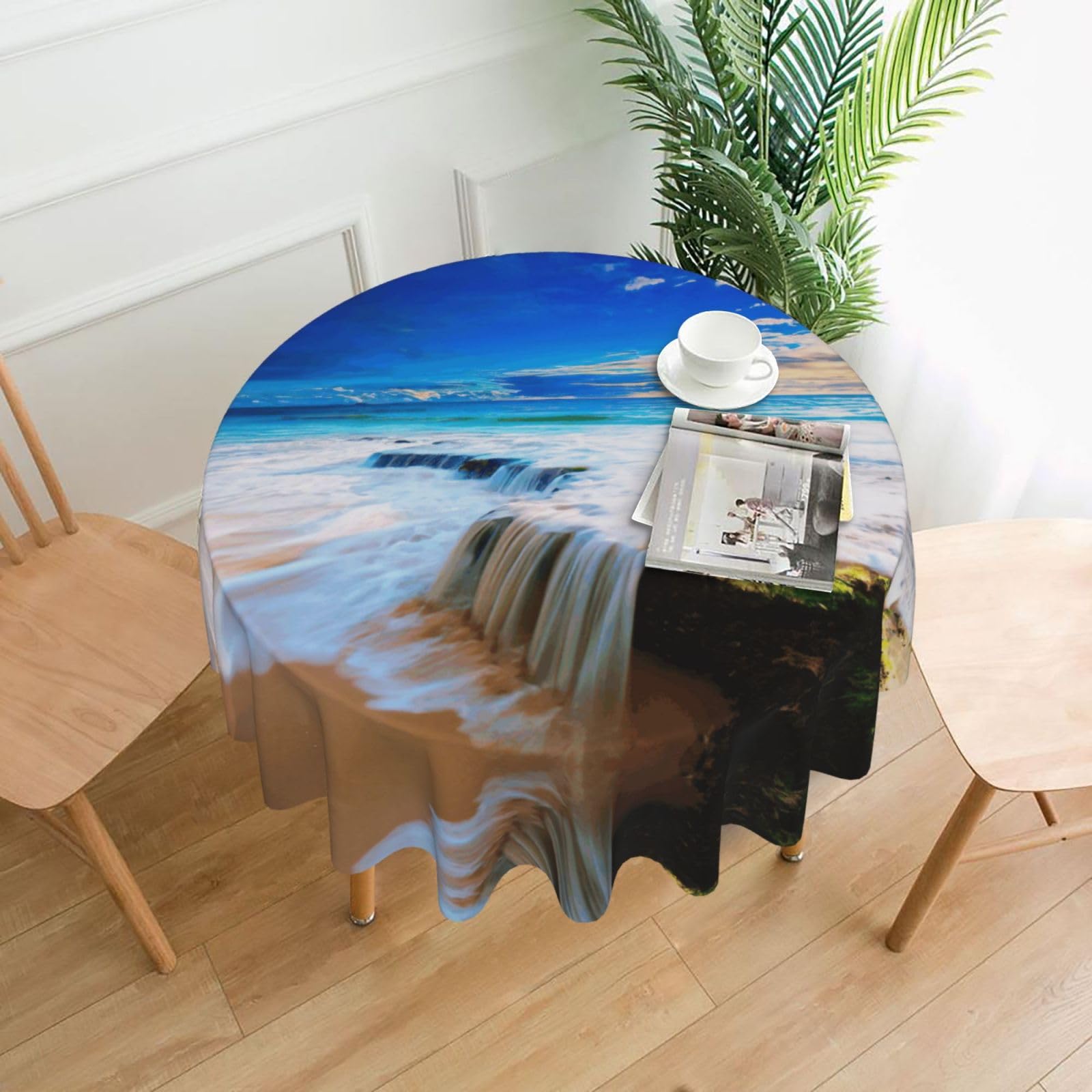 Zcmkjlg Sea Wave Landscape Print Quick Ship Round Tablecloth 60in Polyester Washable Cover for Dining Room