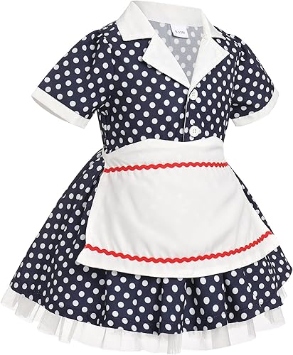 Miniatura 2 de AWIBMK Disfraz de ama de casa de los años 50 para niñas, vestido vintage de lunares con volantes y delantal diadema, trajes de fiesta de Halloween