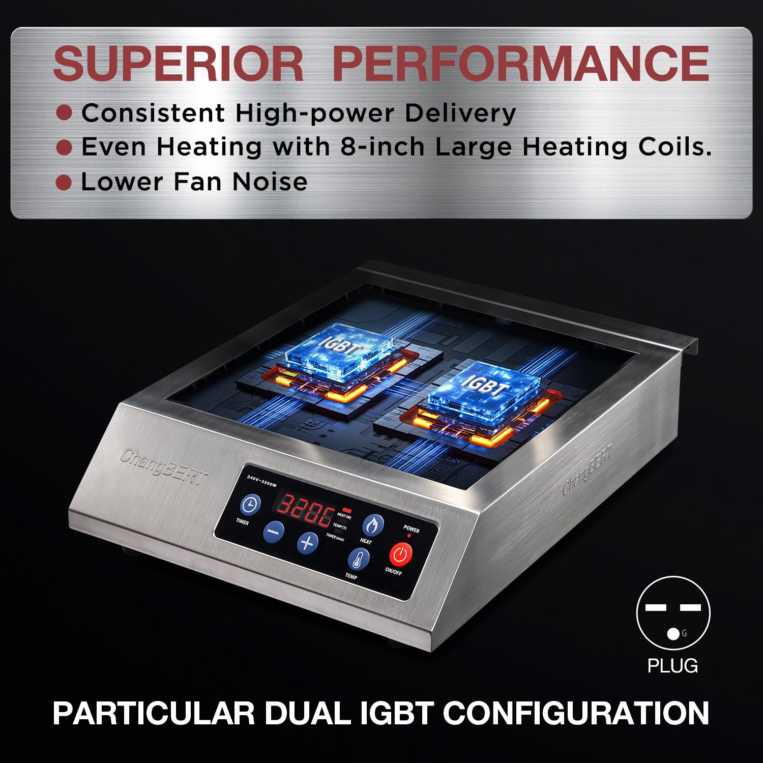 Placa de cocción de inducción portátil 208-240V 3200W Certificado NSF Cocina comercial Encimera Quemador Pro Chef Profesional Placa Caliente de Alta Potencia Premium Carcasa de Acero 7