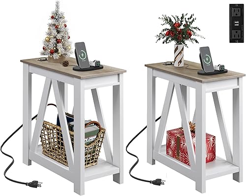 WLIVE Juego de 2 mesas auxiliares para sala de estar con estación de carga, mesas auxiliares de sofá con estante de almacenamiento abierto, juegos
