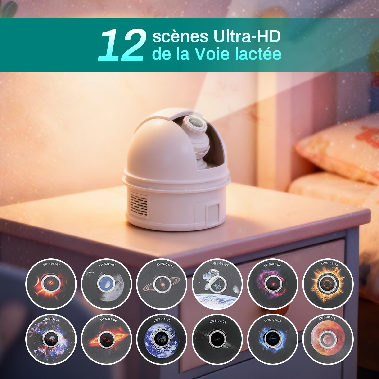 Tomshine Projeteur de Ciel Étoilé Astronome avec Explication, 12 Motifs Étoilés, 8 Bruits Blancs & 8 Couleurs de Lampadaire Nocturne, Compatible Bluetooth & Minuterie, Idéal pour Enfants,​ Décoration