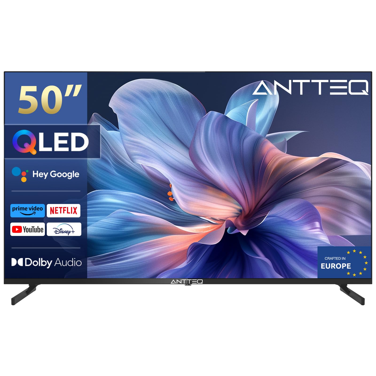 Antteq Koalas Series Q50 Smart TV 50 Pollici 4K UHD HDR QLED Android TV 127 cm (DVB-T/T2/C) con App Store (10.000+ app), Bluetooth 5.0, Assistente, Wi-Fi 2.4 GHz/5 GHz