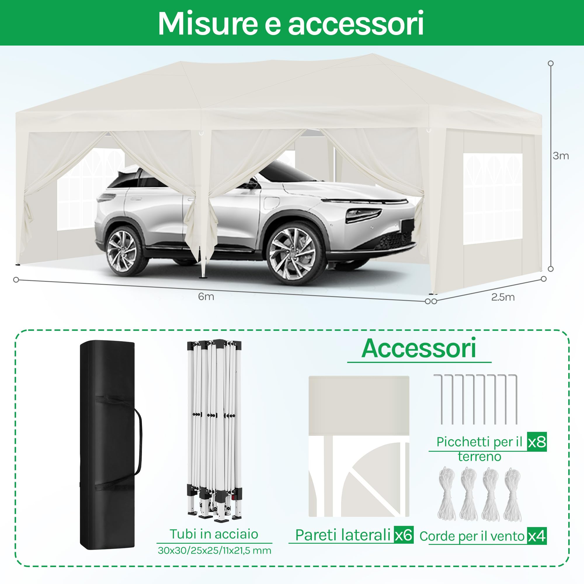 Laneetal Gazebo Pieghevole da Giardino 3x6m, Tenda Pop-Up per il Campeggio e la Festa, Gazebo in Metallo, con 6 Pareti Laterali e 4 Finestre, Beige