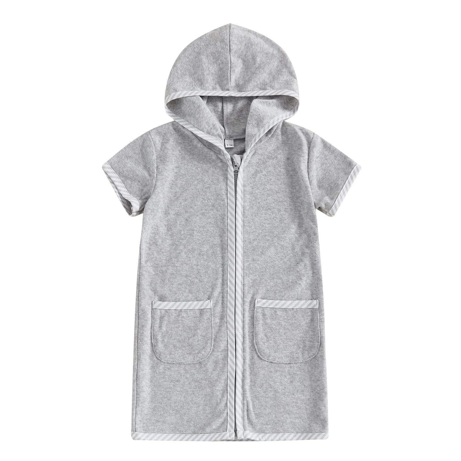 Girls Boys Hooded Terry Coverups One Piece Swimsuits Summer Striped Trim Zip Up Short Sleeve Swim Cover Up Beachwear