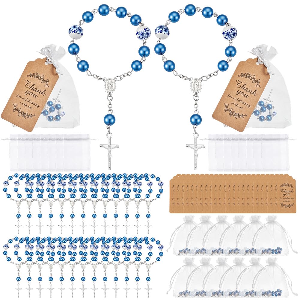 Ensemble de 50 pièce pour Cadeaux de Baptême Mini Chapelets de Baptême Perles de Chapelet pour les Doigts avec 50 sachet Cadeau en Organza et une Carte de Remerciement en Papier(Bleu)