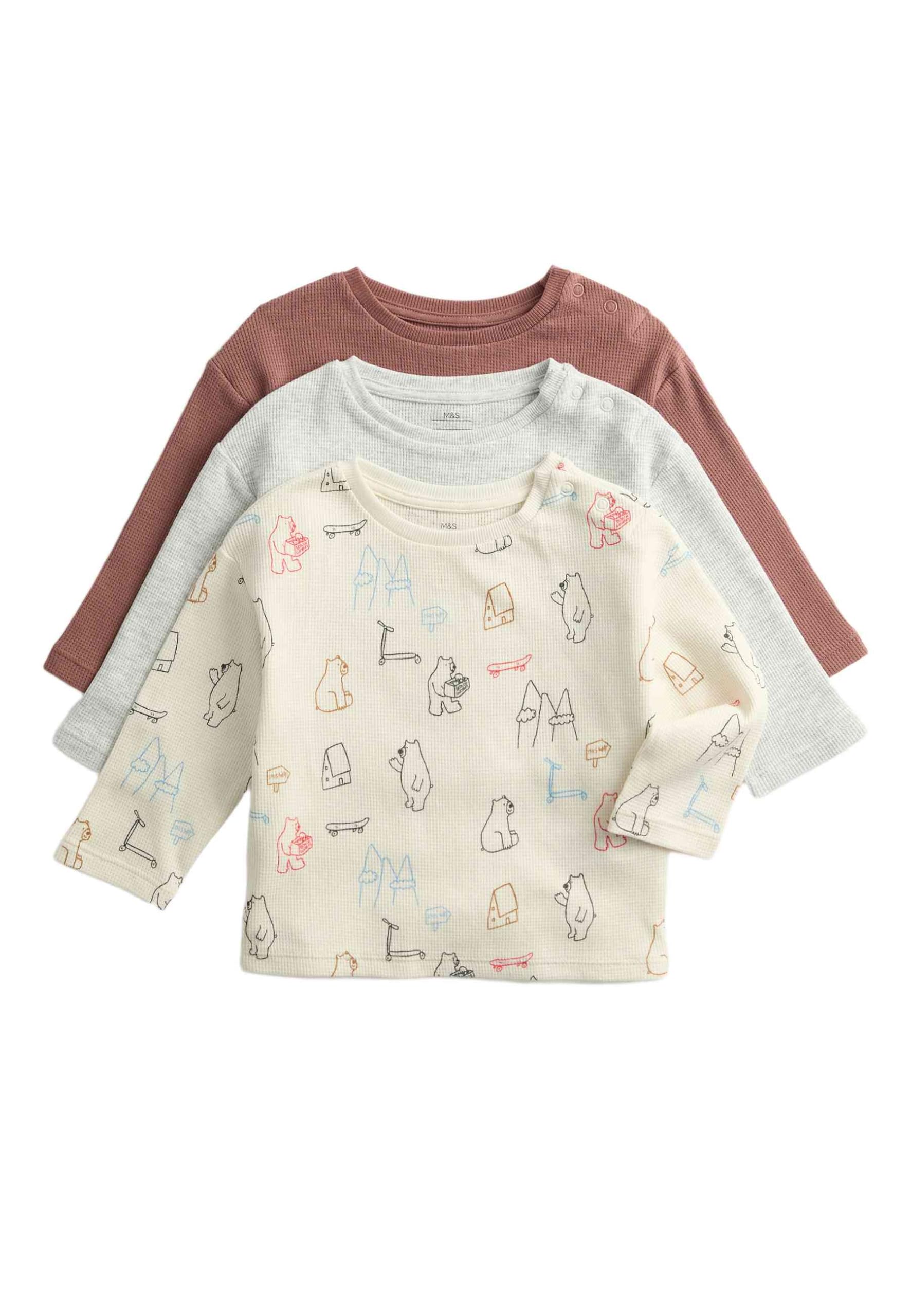 Marks & Spencer Baby Unisex Baumwolle Hemd 3er-Pack Regular | Ärmellänge: Langarm, Rundhalsausschnitt, Ohne Kragen, Zum Reinschlüpfen, Leicht