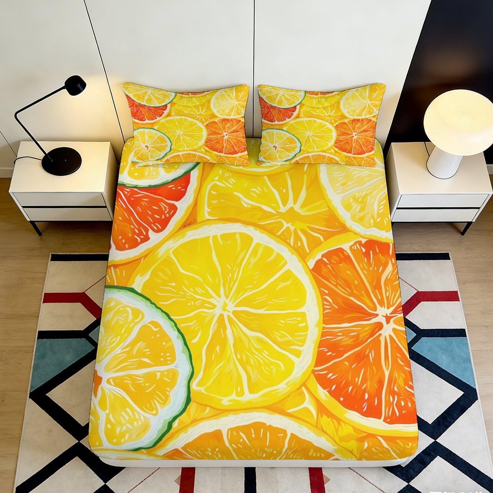 3D Printed Citrus Lemon Fitted Sheet Microfiber Soft Orange Mattress Cover for Bedroom Guest Room Dorm Decor 160x200x25cm