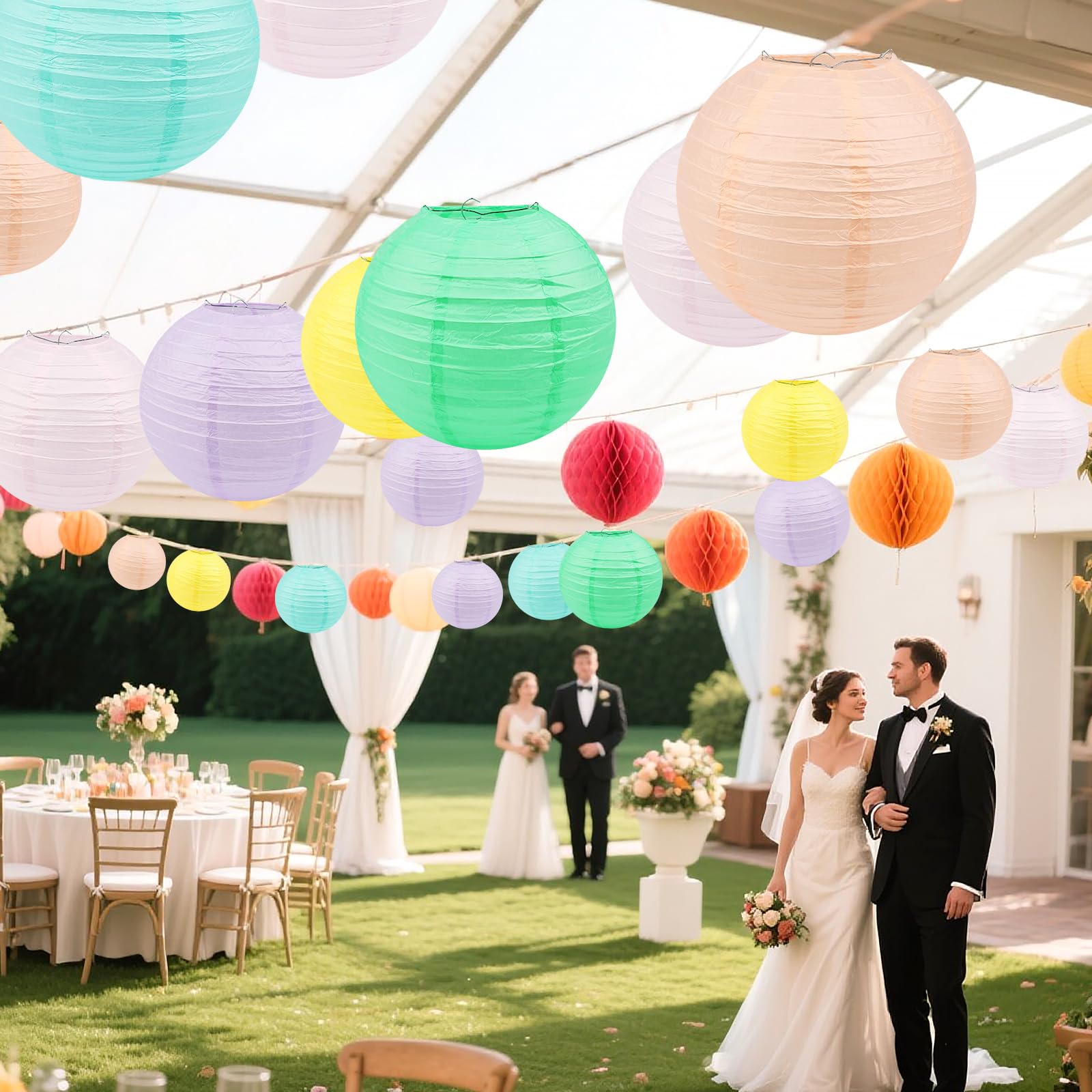 20 PCS Linternas de papel coloridas Linternas de papel colgantes, 15 cm, 20 cm, 25 cm, 30 cm Tamaño mixto Linternas de papel redondo para la boda Cumpleaños Decoración del hogar