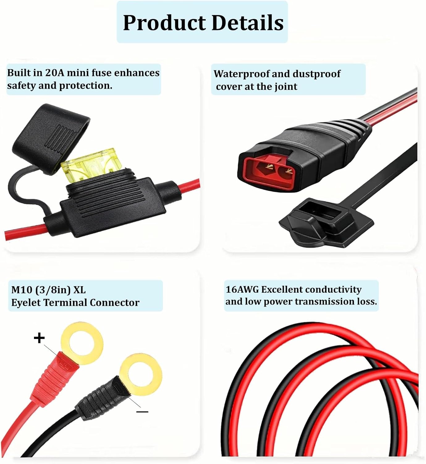 2 Pack Suitable for NOCO Battery Charger Accessories, GC008 X-Connect M10 (3/8 inch) XL Hole Terminal Connector, smart Battery trickle Charger Cable, Equipped with 20A Fuse image 2