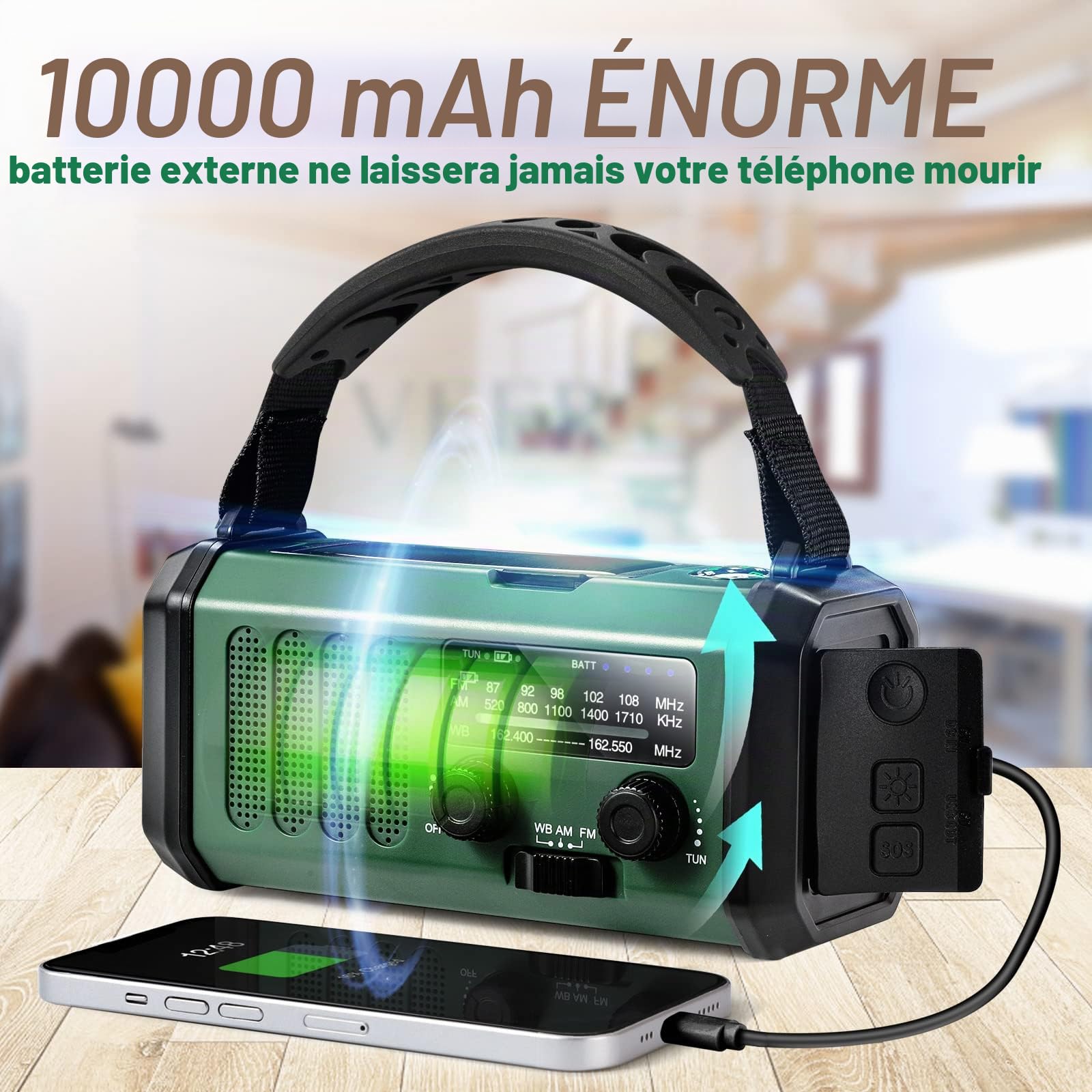 NOAA Radio météo d'urgence, meilleure batterie portable 10 000 mAh, manivelle, radios solaires AM/FM, chargeur de téléphone de type C, lampe de poche, lampe de lecture, boussole, alerte de survie SOS,