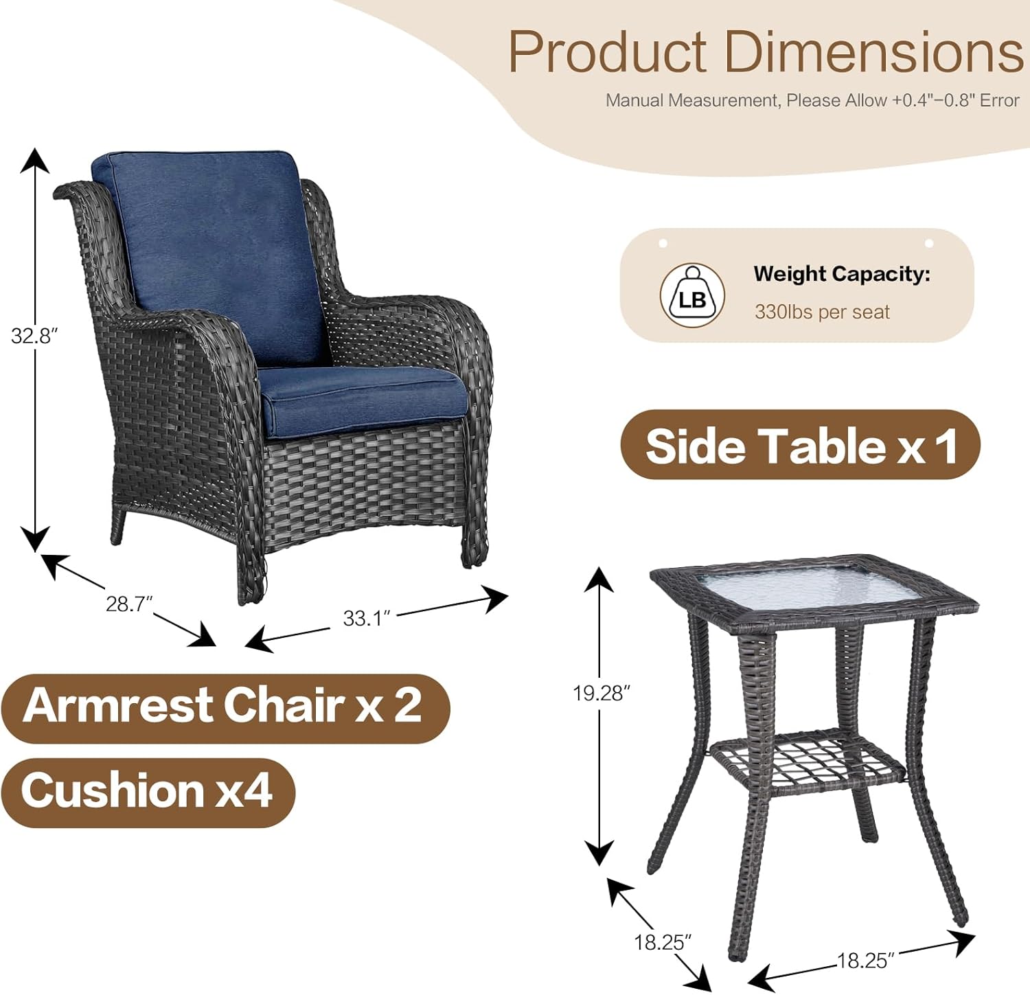 3 Pieces Patio Furniture Conversation Set PE Rattan Wicker Outdoor with 2 Armrest Chair and 1 Coffee Side Table, Soft Thick Washable Cushion for Yard Backyard Poolside Garden (Grey/Navy Blue)
