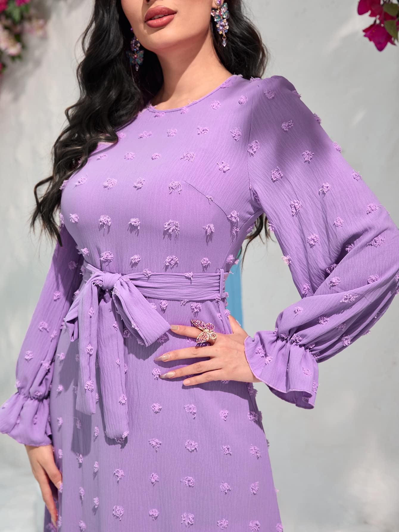 Amazon.com: Women's Dresses Swiss Dot Flounce Sleeve Ruffle Hem Belted Dress  Dress for Women (Color : Purple, Size : Small) : Clothing, Shoes & Jewelry