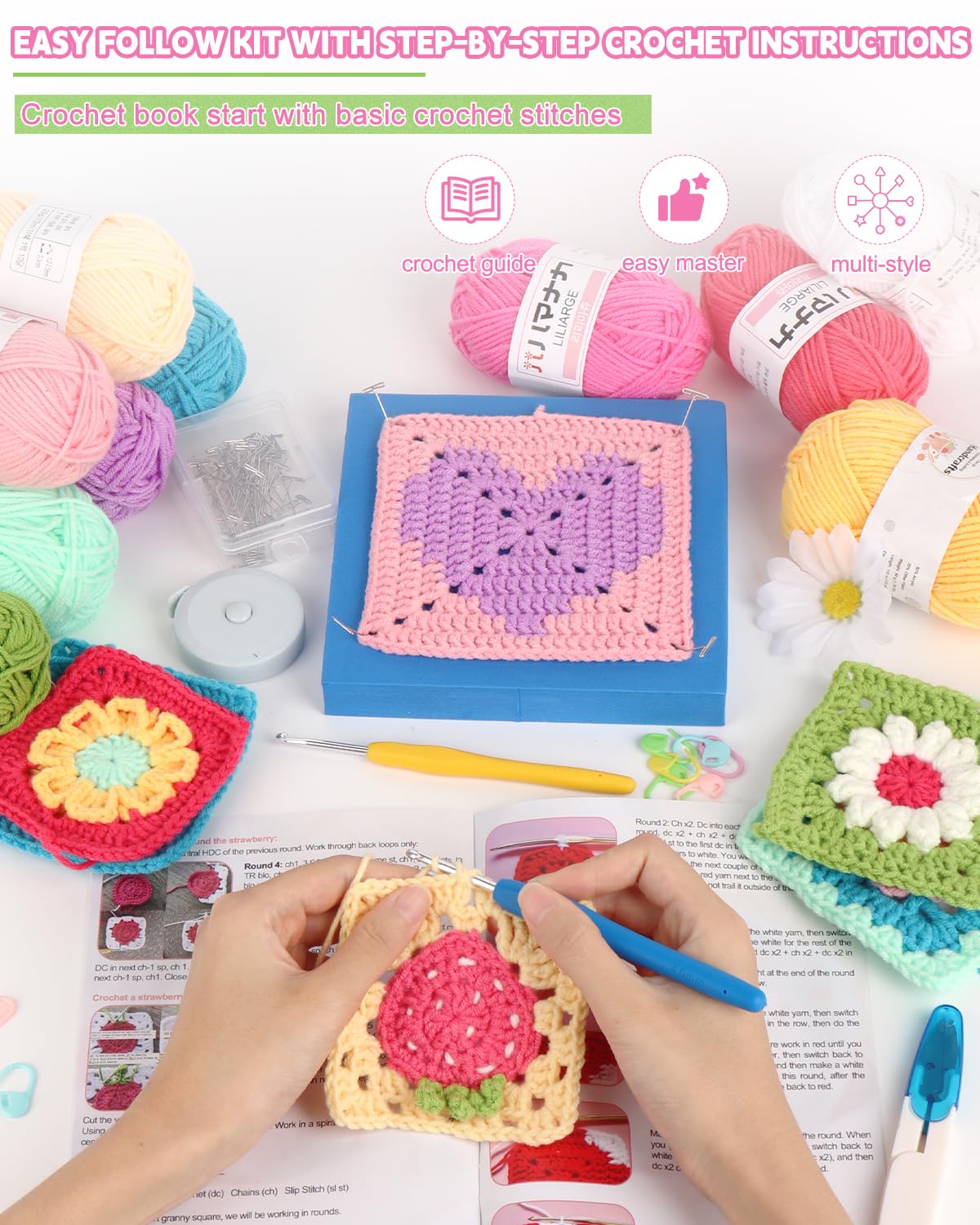 Reessy Crochet Kits for Beginners Adults Advanced Floral & Fruit Pattern Granny Square Crochet Kit with Instruction Book 10 Yarn Balls - Image 3