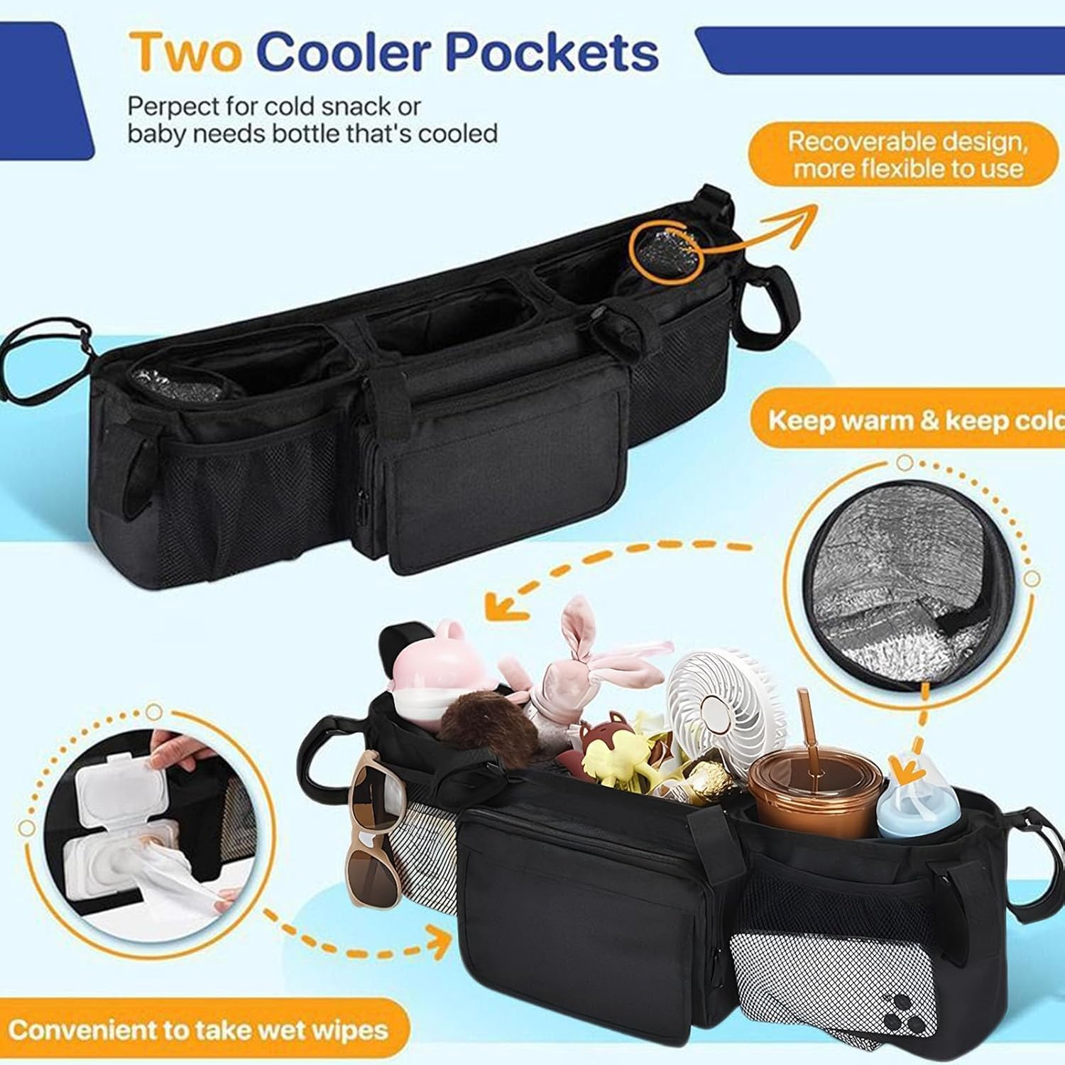 Porte-gobelet double pour poussette - Organiseur étanche spacieux avec 3 compartiments - Organiseur pour poussette de bébé - Pour voyage, usage quotidien, bébé, parents (2)