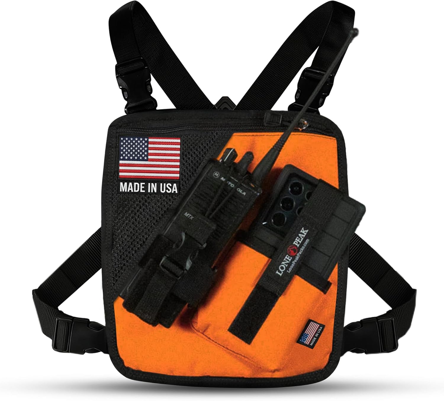 Lone Peak Orange Mesh Radio Chest Harness w/Smartphone Pocket (9.5” X 8”)-Secure Fit Search and Rescue Gear-Outdoor Tactical Walkie Talkie Harness-Radio Chest Pack for Hiking & EMS (Small)-Made In USA