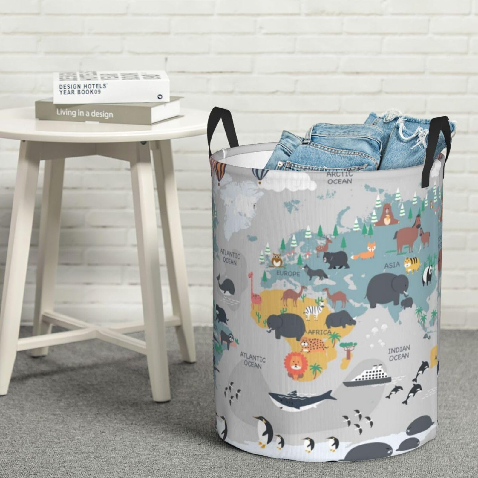 Grand panier à linge avec poignées – Carte du monde avec animaux de dessin animé pour bébés et enfants – Panier à linge sale