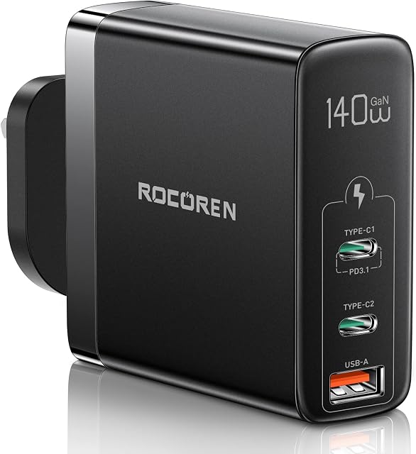 Rocoren 140W USB C Charger, PD3.1 GaN Tech Laptop Charger Plug, 3 Ports Fast Charge Simultaneously Compatible with MacBook Pro 16, iPad Pro, Samsung Galaxy, Dell, iPhone, Huawei, Pixel, Steam Deck