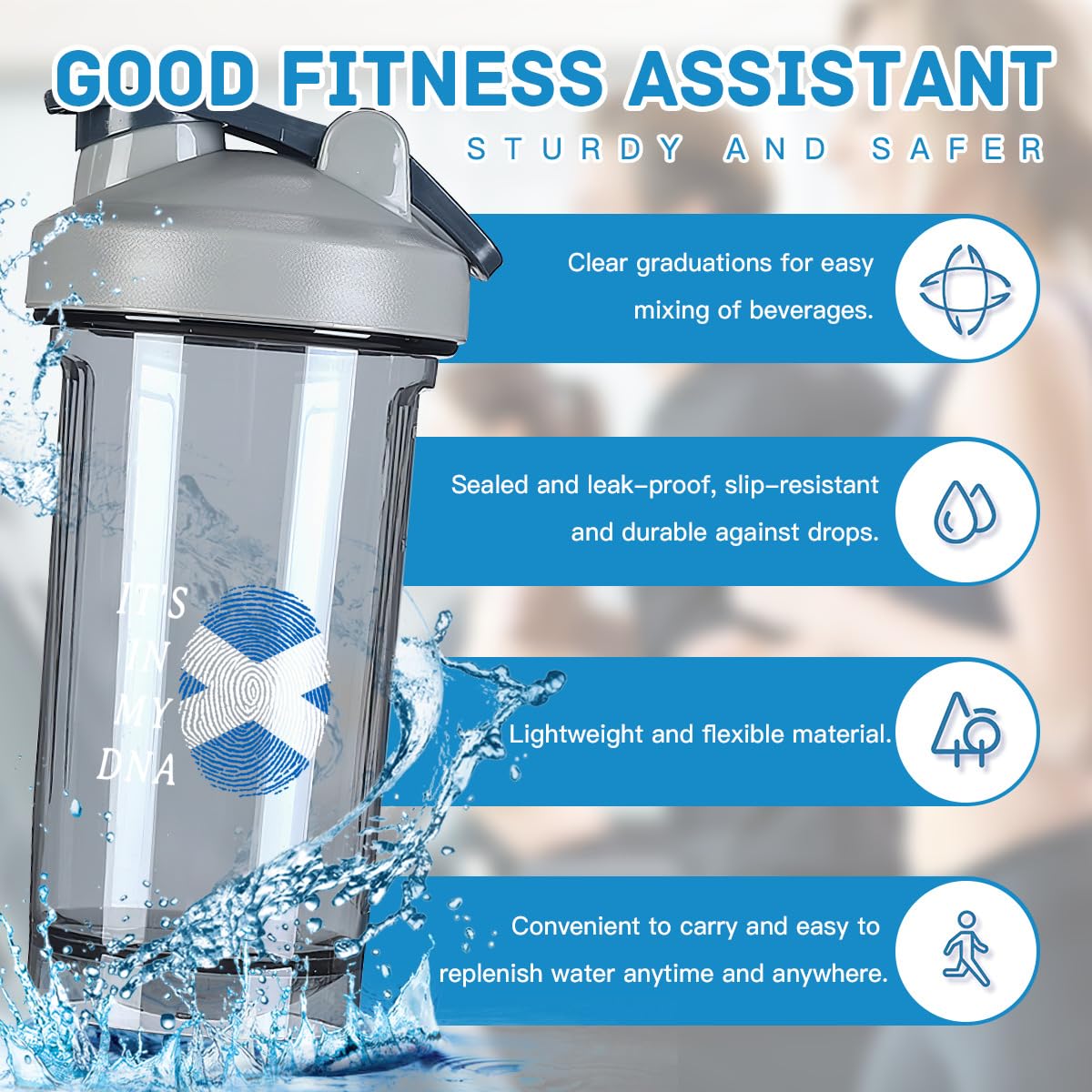 IT'S In My DNA Scotland Scottish Flag 18 Ounce Shaker Cup,Fashion Theme Pattern Shaker Bottle Leak-proof Workout Shake Bottles 500ML/18 oz Perfect for Pre Workout Gray 0