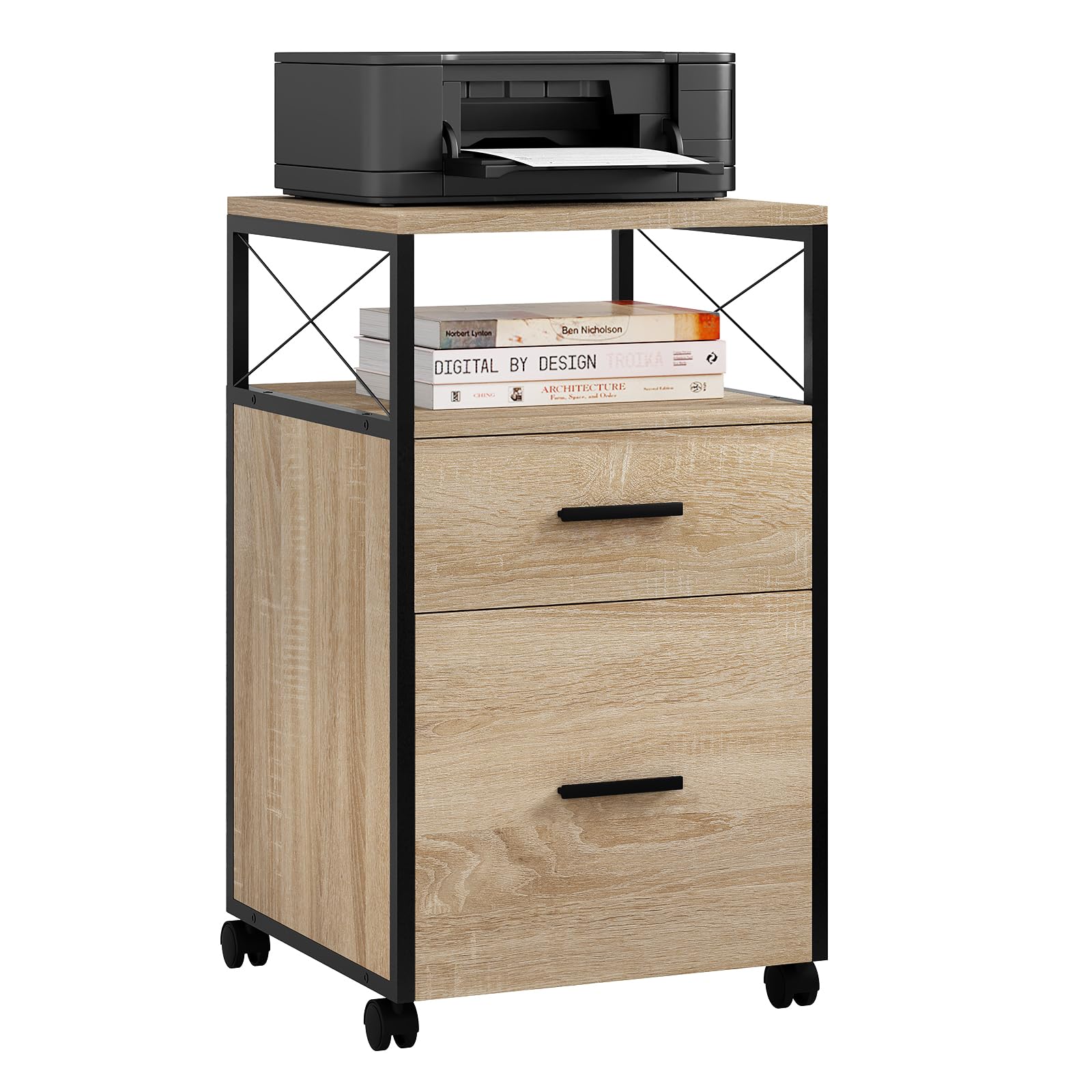 WOLTU Rollcontainer, mobiler Aktenschrank mit 2 Schubladen, offenem Fach, Hängeregistratur Büroschrank mit Rollen, Druckerständer, für A4/Letter-Ordner, 40x69x40 cm, #3136