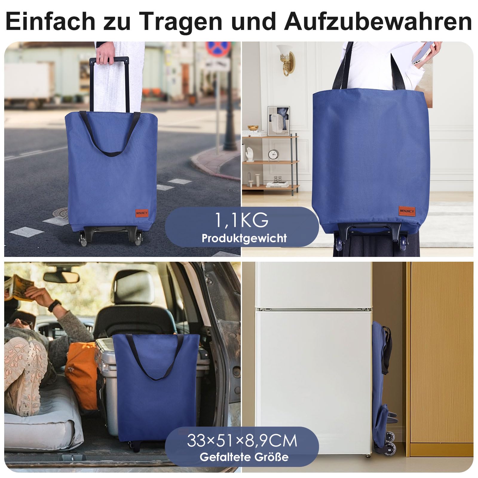 MOONCY Trolley per la spesa, 2 in 1, grande borsa per la spesa su ruote, leggero, pieghevole, per campeggio e viaggi, con risolvente per carrello della spesa, blu