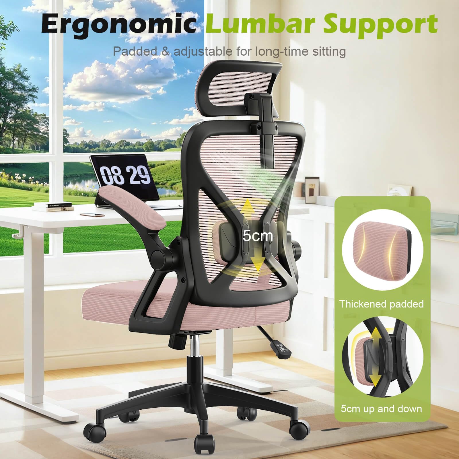 Ergonomiczne krzesło biurowe z wysokim oparciem, z podparciem lędźwiowym, regulowanym zagłówkiem i wyściełanymi podłokietnikami, komfortowy fotel biurkowy premium, do użytku domowego i biurowego