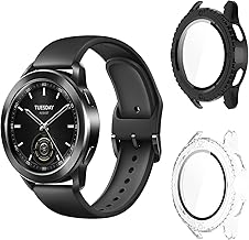 Aerku Case Compatible with Xiaomi Watch S3, 9H HD Anti-shock Bumper Anti-Scratch Hard PC Frame Tempered Glass Screen Protector Case – Transparent&Black