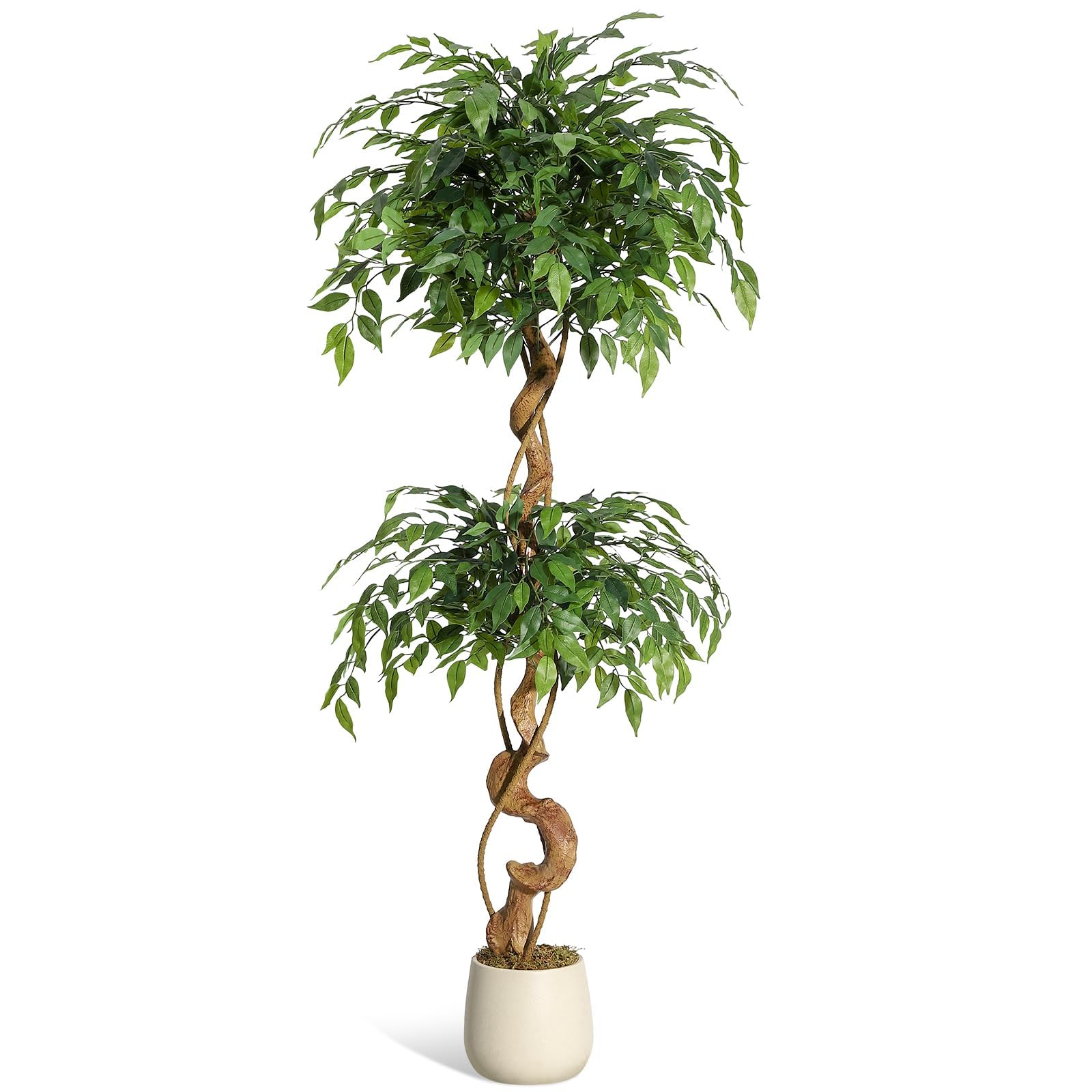 Ficus Artificiel 150 cm, Arbre Artificiel Intérieur Grande Plante Faux | Troncs Torsadés Naturels et Artistiques, Feuilles en Soie Haut de Gamme, Pot Blanc Inclus pour Décoration Maison Salon Bureau