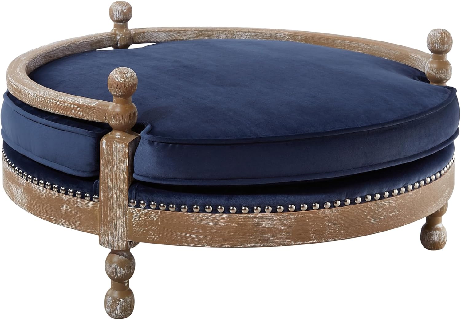 TOV Furniture The Hound Collection Handmade Solid Weathered Oak Frame Pet Dog Bed with Removable Waterproof Velvet Cushion, Navy