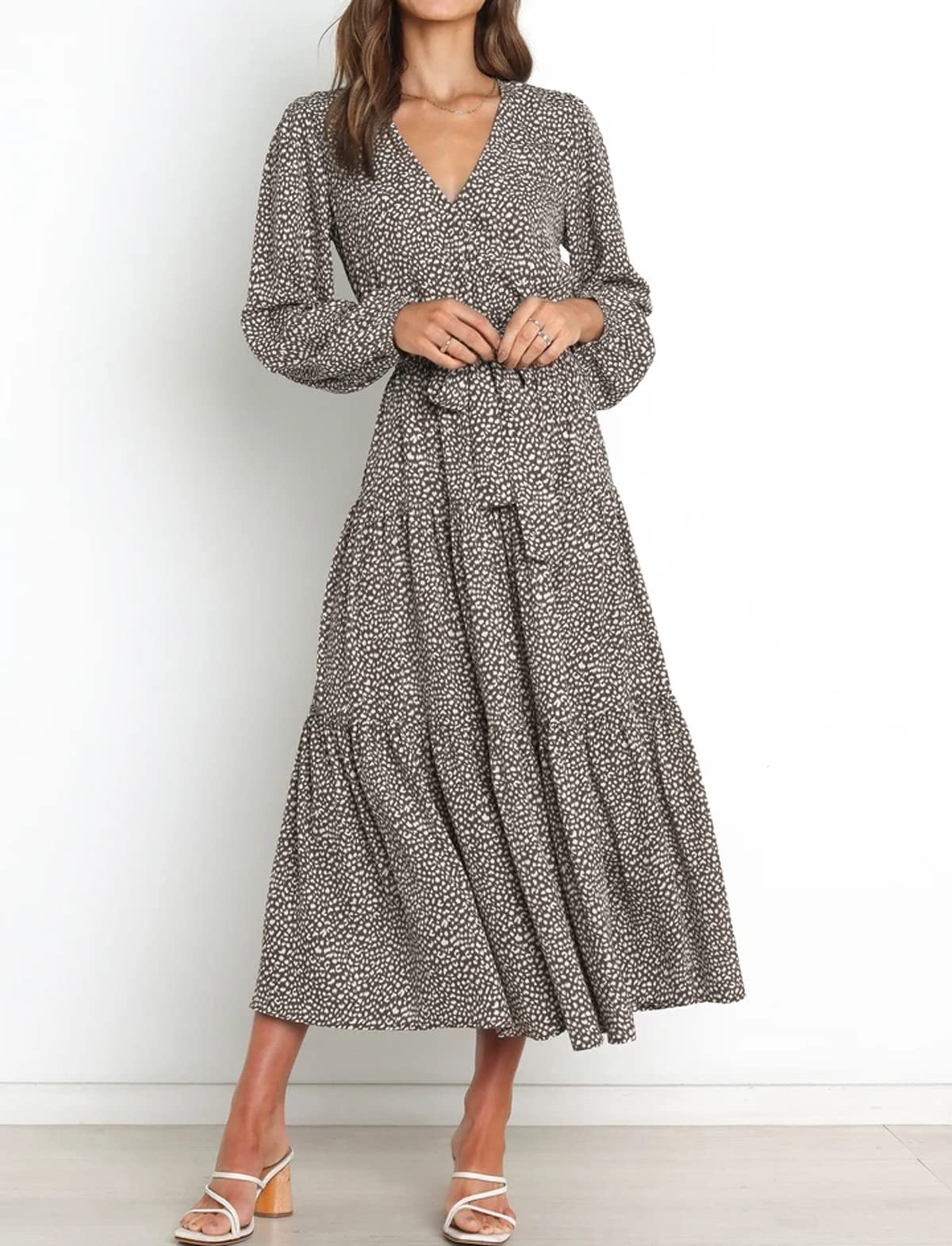 R.Vivimos Women's Fall Long Sleeve Casual Dresses Wrap V Neck Polka Dots Tiered Ruffle Flowy Midi Dress with Belt