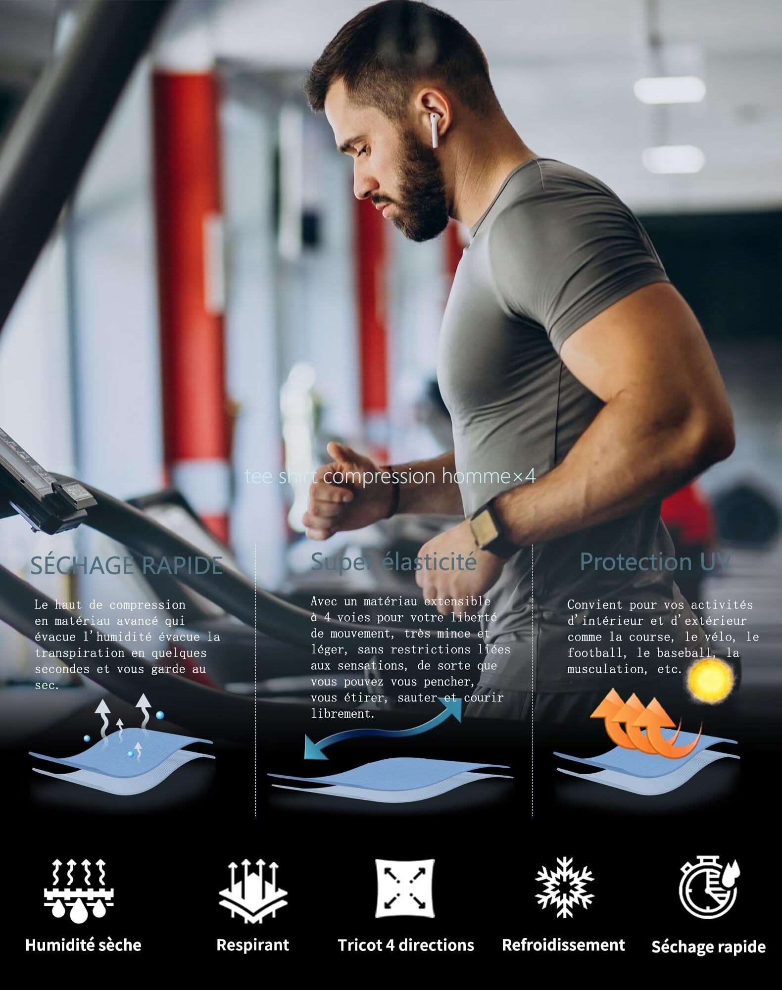 4 Pack Tee Shirt Compression Homme Manches Courtes Tshirt Running Homme Vetement de Fitness Gym Compression Maillot T-Shirt Baselayer pour Sports Jogging Musculation Gym