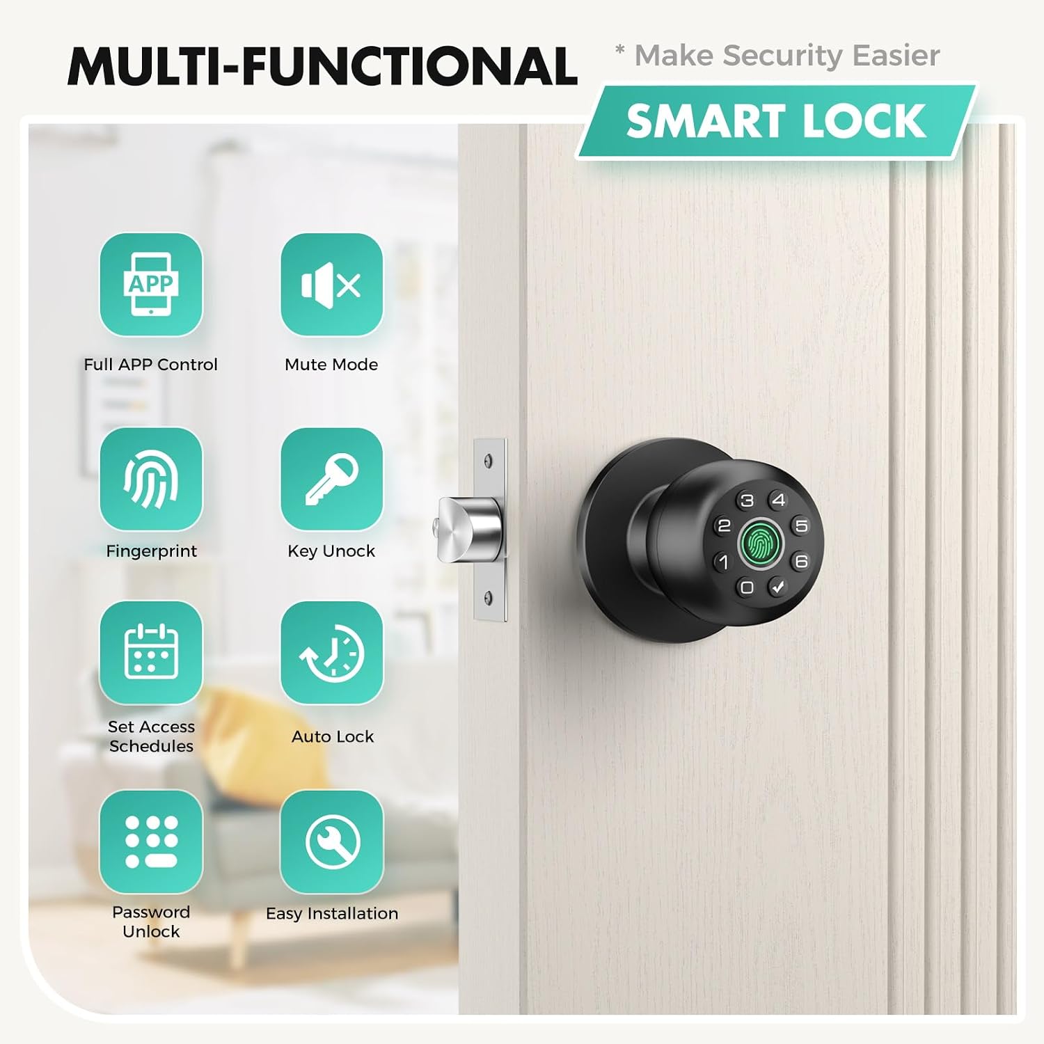 HEI LIANG Fingerprint Door Lock, biometric smart Door knob, with keypad and app Control, keyless Door Lock, Suitable for bedrooms, Offices, Hotels, Apartments, Easy to Install. (Black) HL-9 image 2