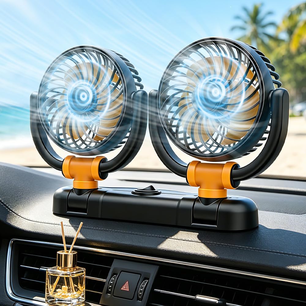 Auto Ventilator, Doppelköpfiger Ventilator Auto, 12V Auto Kühlventilator mit 2 Speed, Kühlungs Luftventilatoren, Kfz Lüfter Auto Ventilator für Auto Van SUV RV Boot, 360 Grad Drehbarer