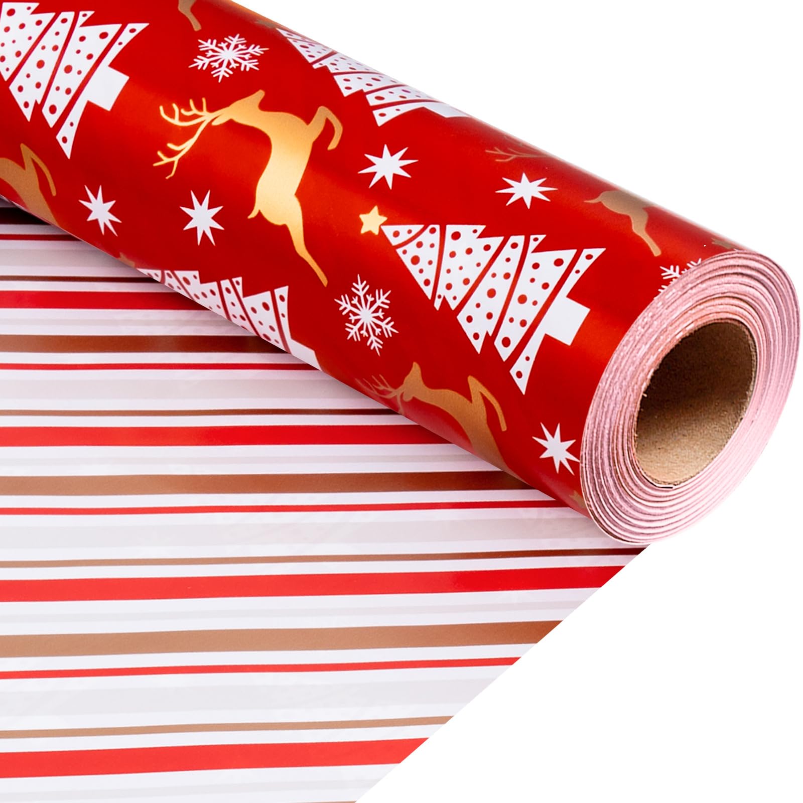 HOMERAL Christmas Wrapping Paper Roll - 46.8 sq.ft. (17in x 33ft) Reversible Red With Gold Printed Reindeer, Tree, Snowflake, Stripe, Hexagram Star for New Year Celebration, Party