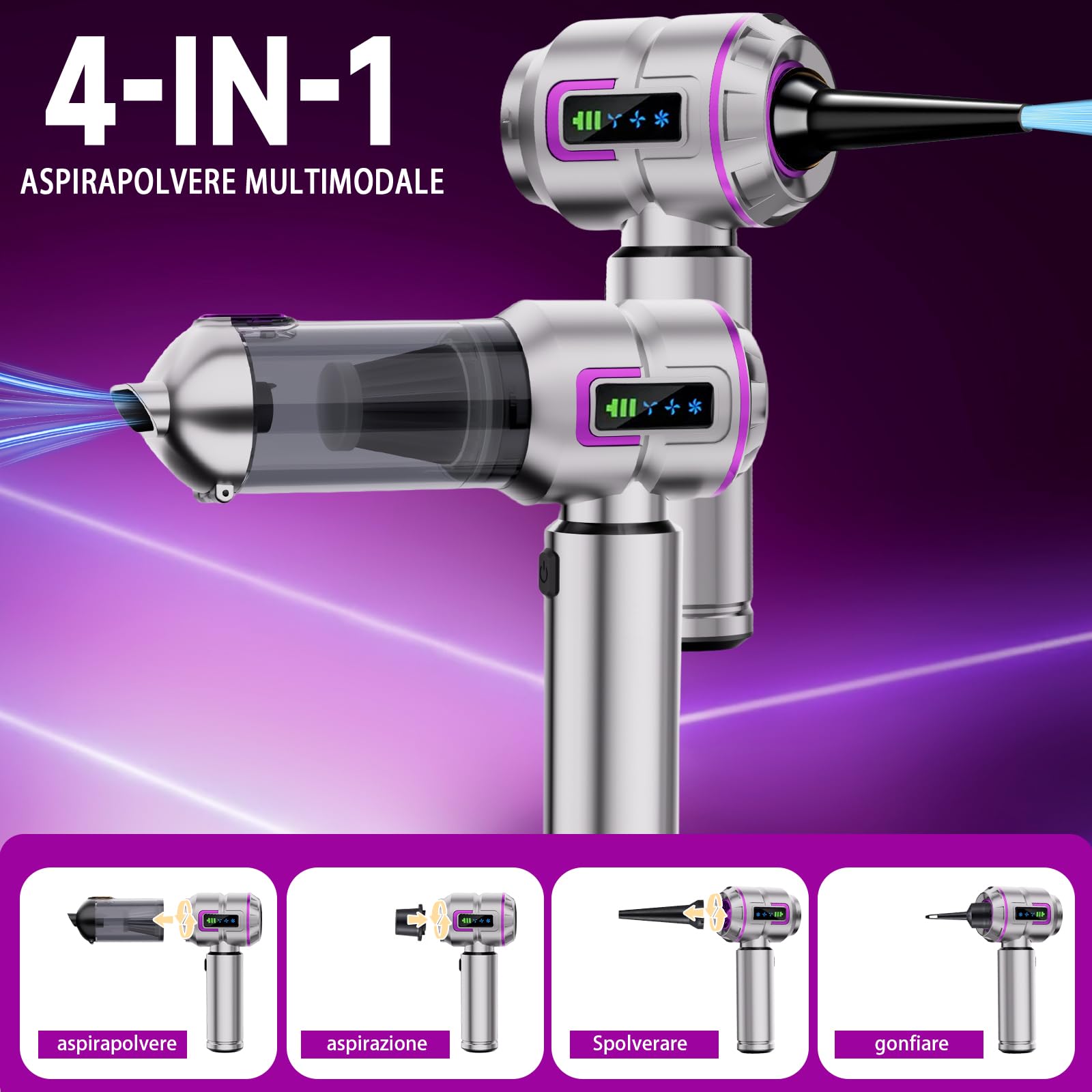 Aspirapolvere senza fili per auto, potente mini aspirapolvere da 27000PA, aspirapolvere portatile ricaricabile, ideale per pulire gli spazi ristretti di veicoli, case e uffici（Viola）