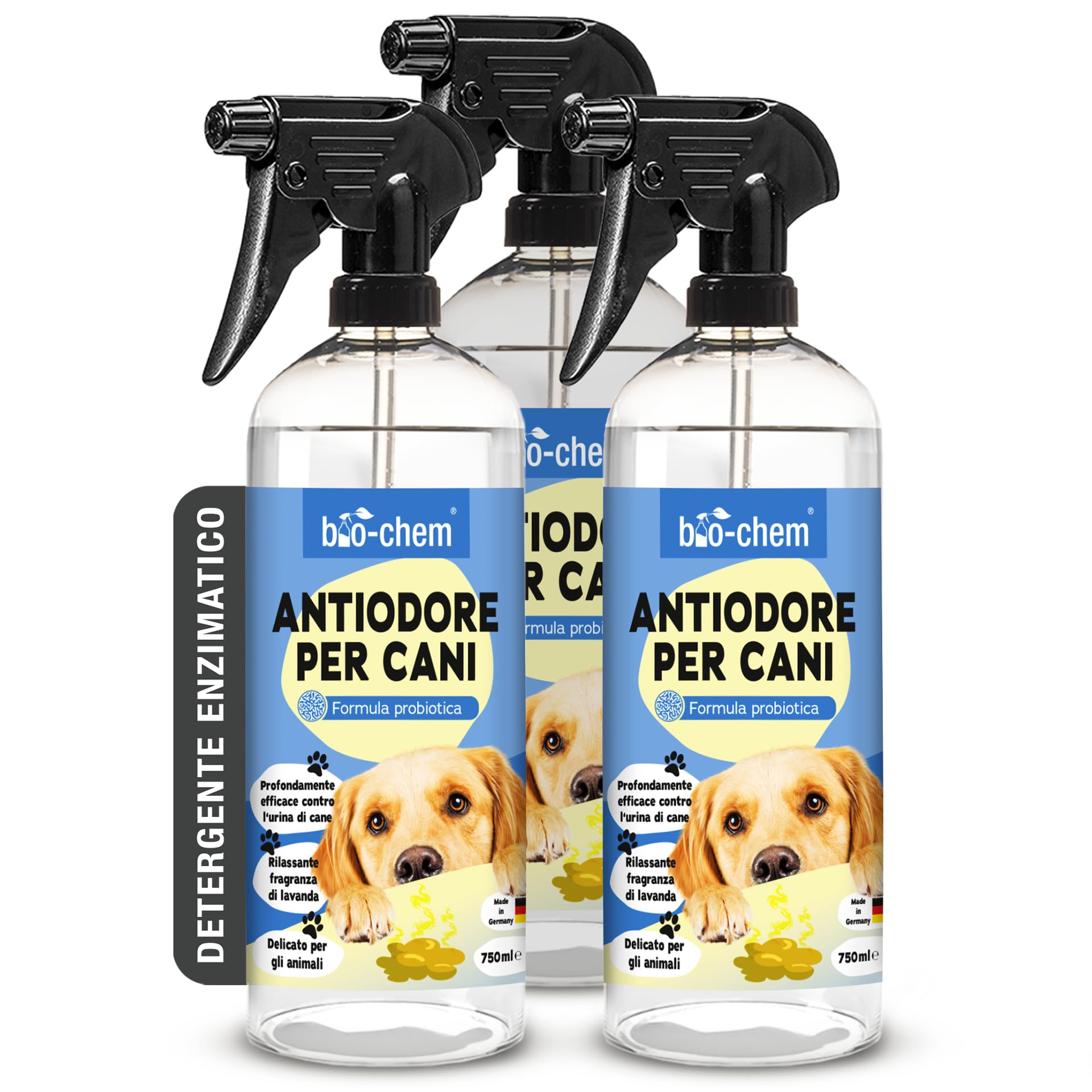 Bio-Chem - Rimuovi odori per cani 3 x 750 ml - Rimuovi odori di urina di cani - Detergente della lettiera del cane - Prodotti per la pulizia della casa