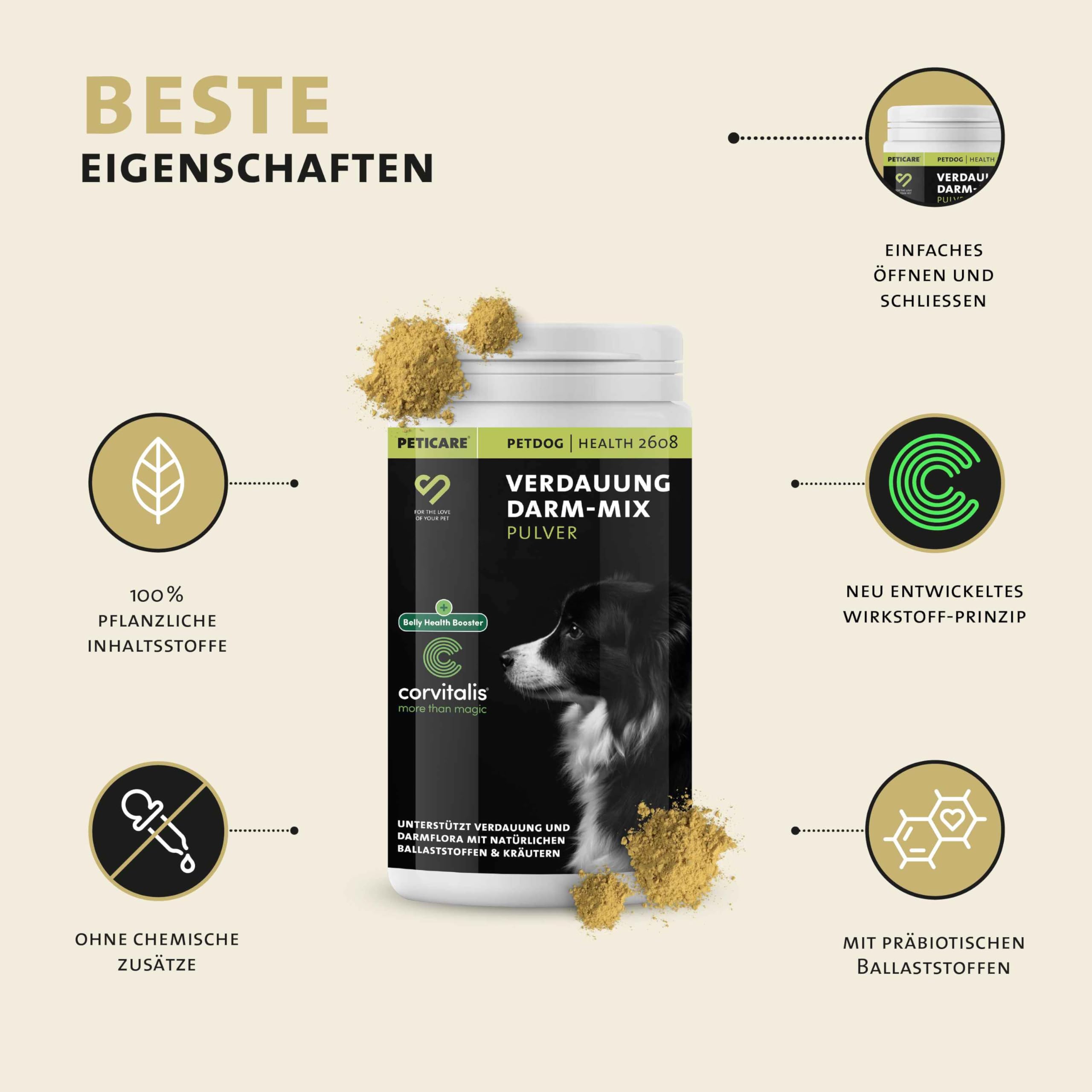 Peticare Poudre Digestion & Flore Intestinale pour Chiens | Soutient Digestion & Bien-être intestinal | avec inuline, graines de Lin & artichaut | Complément Naturel | petDog Health 2608